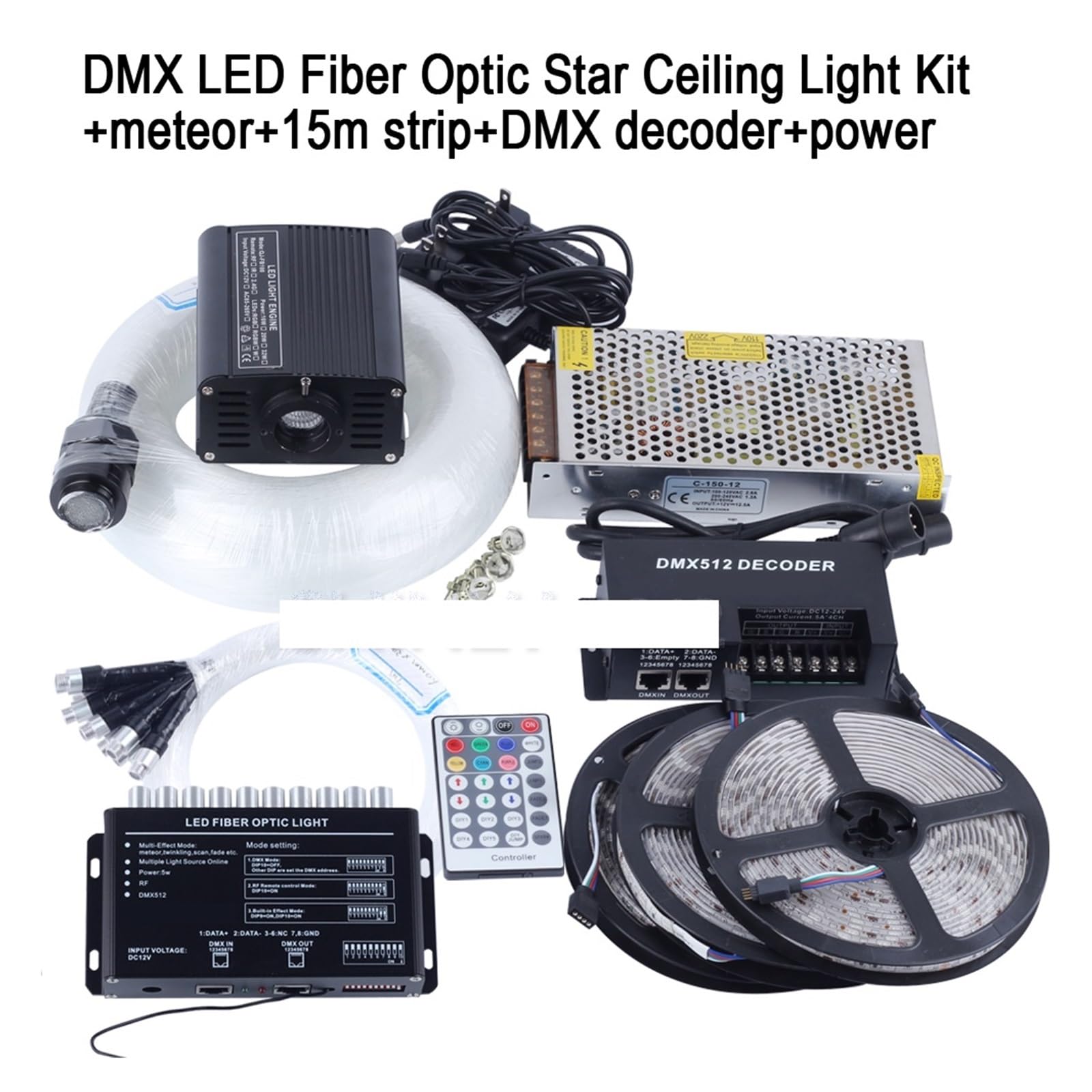 Luci interne a LED per auto, Kit soffitto a stella in fibra ottica ， Controllo decodificatore RGBW 16W Striscia 15m 4m 335 fili ， Progetto decorativo luce meteorica in fibra Luci d'atmosfera per auto