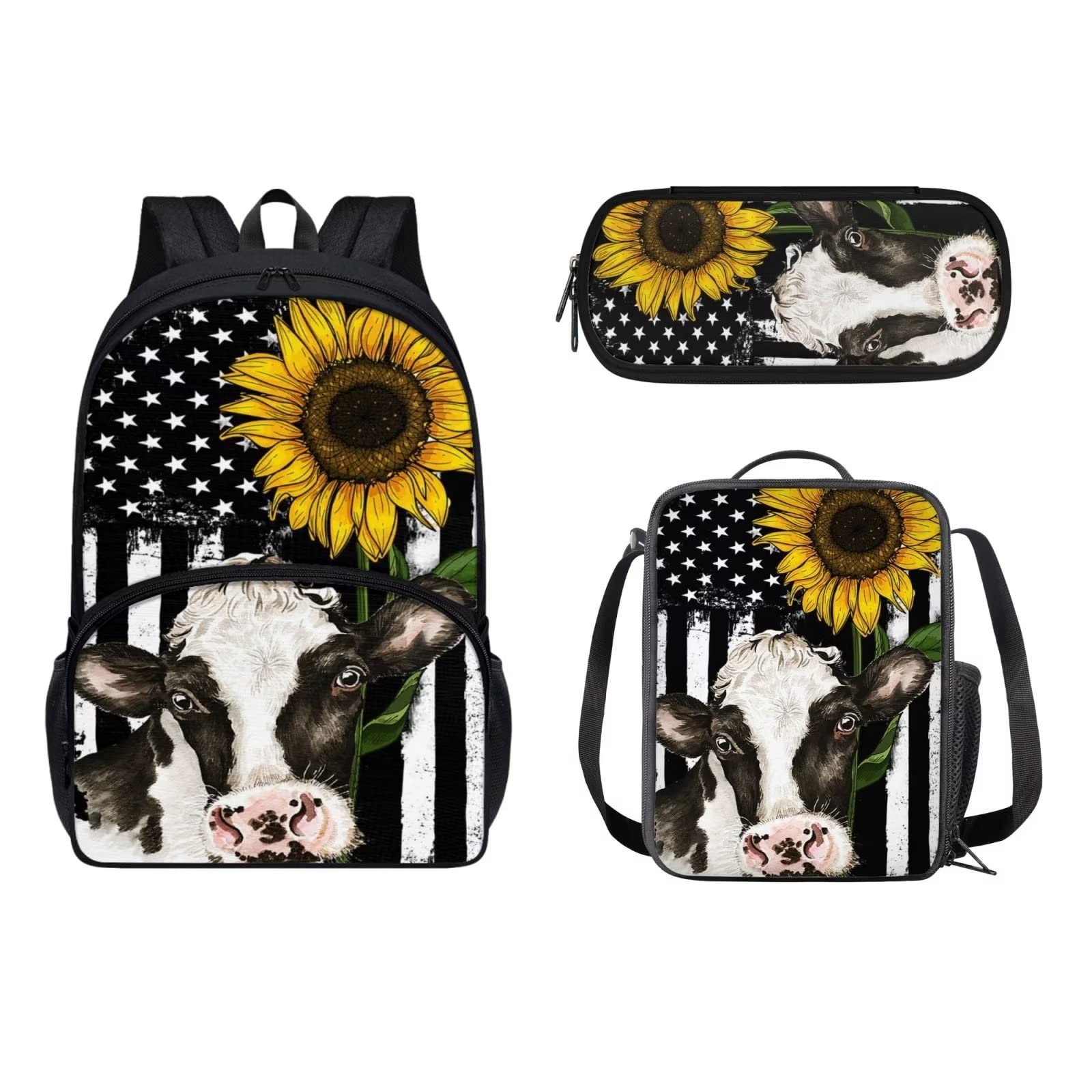 YuuxoriluBackpack Sets Kids Bookbag Primary School Daypack, Sunflower and Cow Print