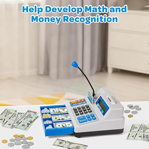 Miniatura 5 de Calculadora de caja registradora de juguete de regalo para niños de 3, 4, 5, 6, 7, 8 años en adelante, 103 piezas de comestibles con micrófono,