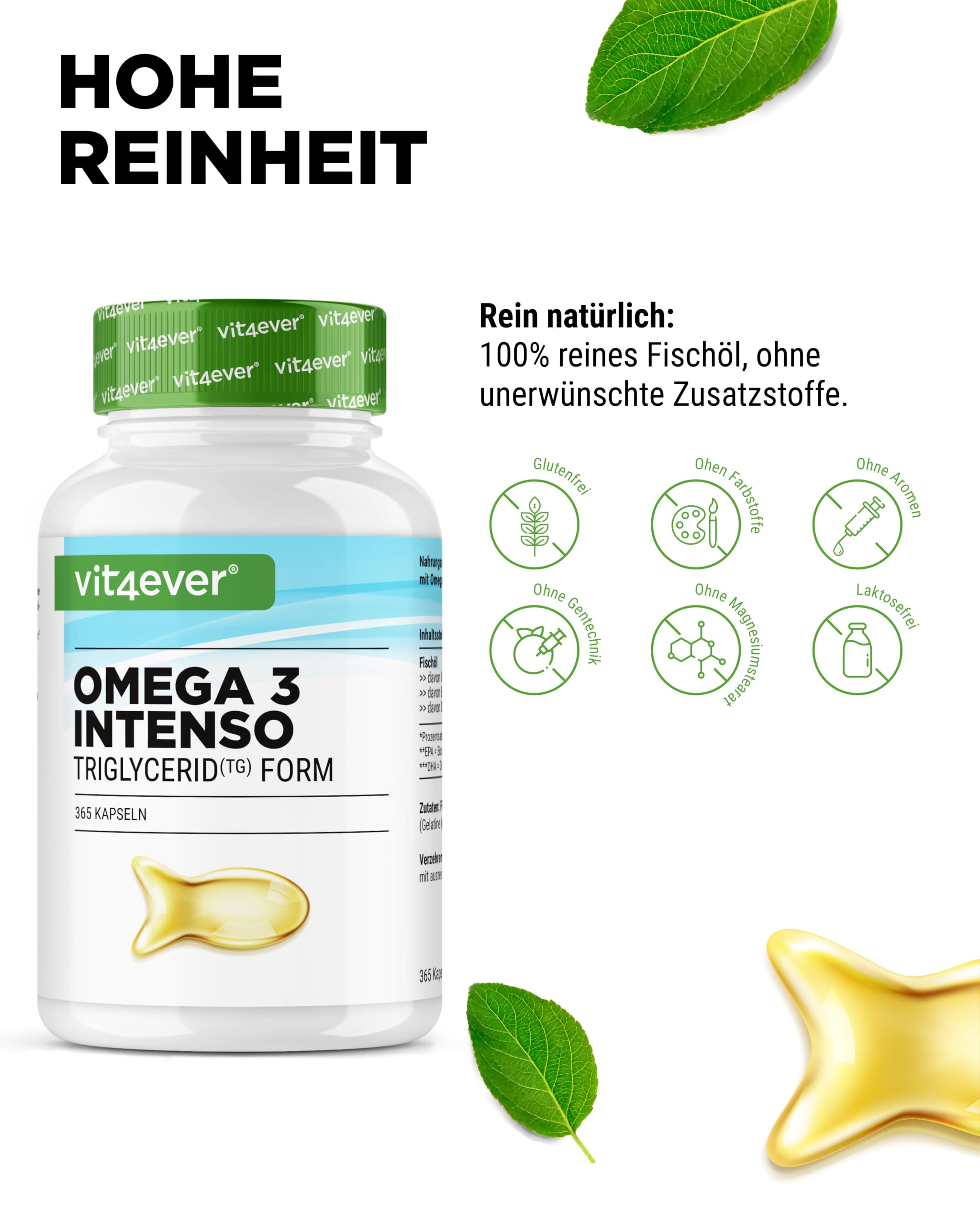 vit4ever Premium Omega 3-80% Omega-3-Fettsäuren - 365 Kapseln | 1000 mg Fischöl mit 400 mg EPA & 300 mg DHA - Triglycerid-Form - aufwendig gereinigt - nachhaltig - Laborgeprüft