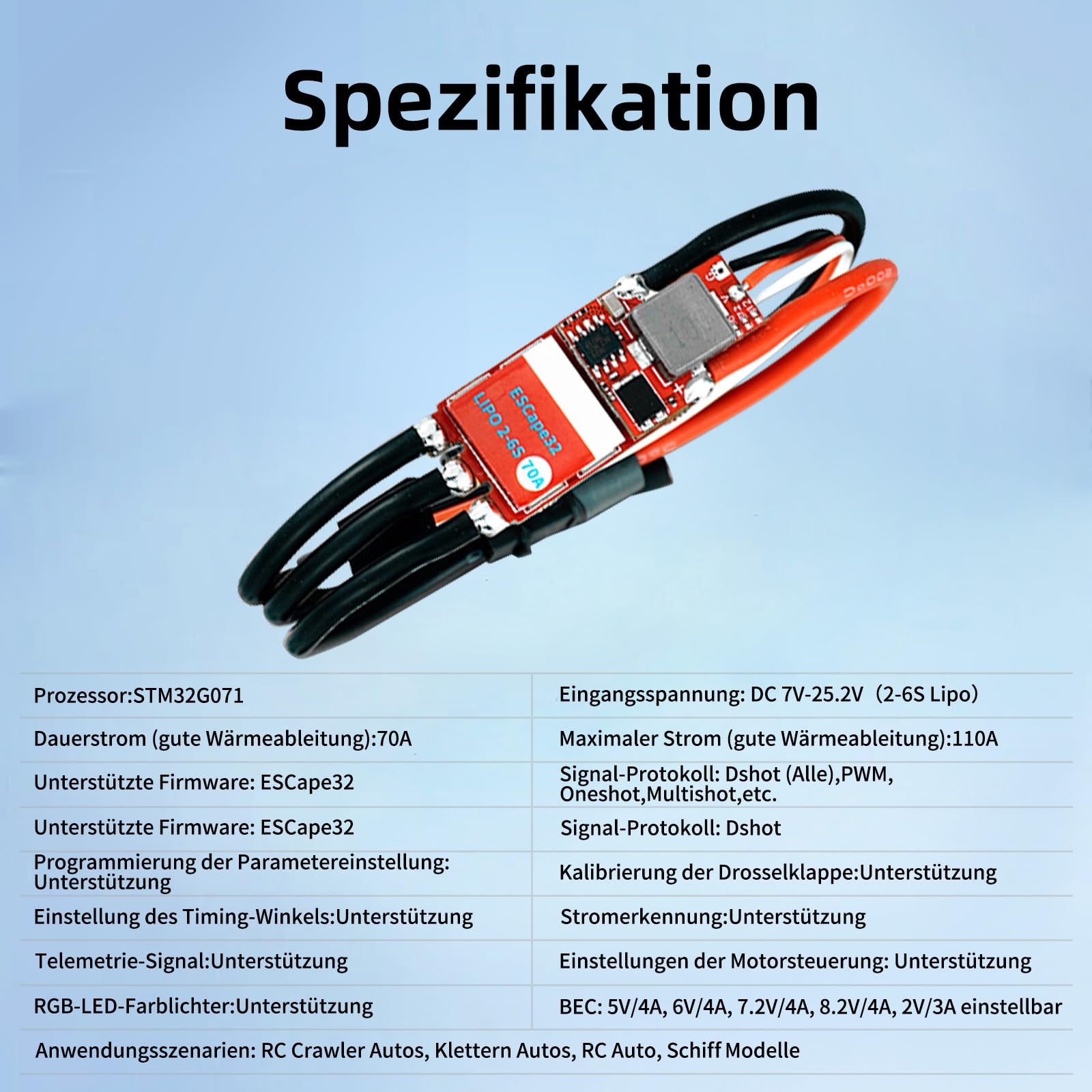 Bürstenloser ESC 2-6S Lipo, 70A Elektrischer Geschwindigkeitsregler 128KHz XT60 Stecker für RC Motor, ESC mit 5V 4A BEC für RC Raupenwagen, RC Auto Schiff Modelle - ESCape32