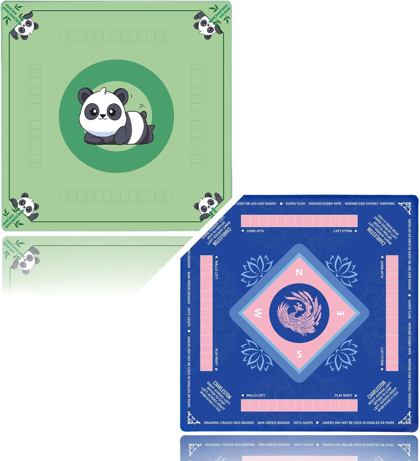 Mahjong Mat 2 pcs – 31.5" Non-Slip Mahjong Mat for Table with Rules, American Mahjong Mat & Mah Jongg Mat, Quiet Noise Reduction, Portable Storage (Green Panda & Blue Phoenix Bundle)