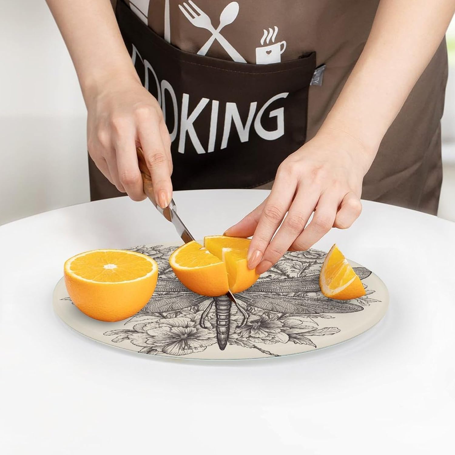 Hand Drawn Floral Dragonfly Chopping Block Tempered Glass Cutting Board Mats Round Countertop Cutting Boards Small Charcuterie Boards Bar Cheese Board Snack Tray