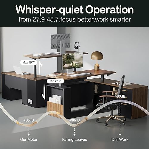 Miniatura 8 de Escritorio de pie de 63" con gabinete de archivos, panel de privacidad, ACUSB, escritorio ejecutivo de 1.18" de altura ajustable eléctrica en forma