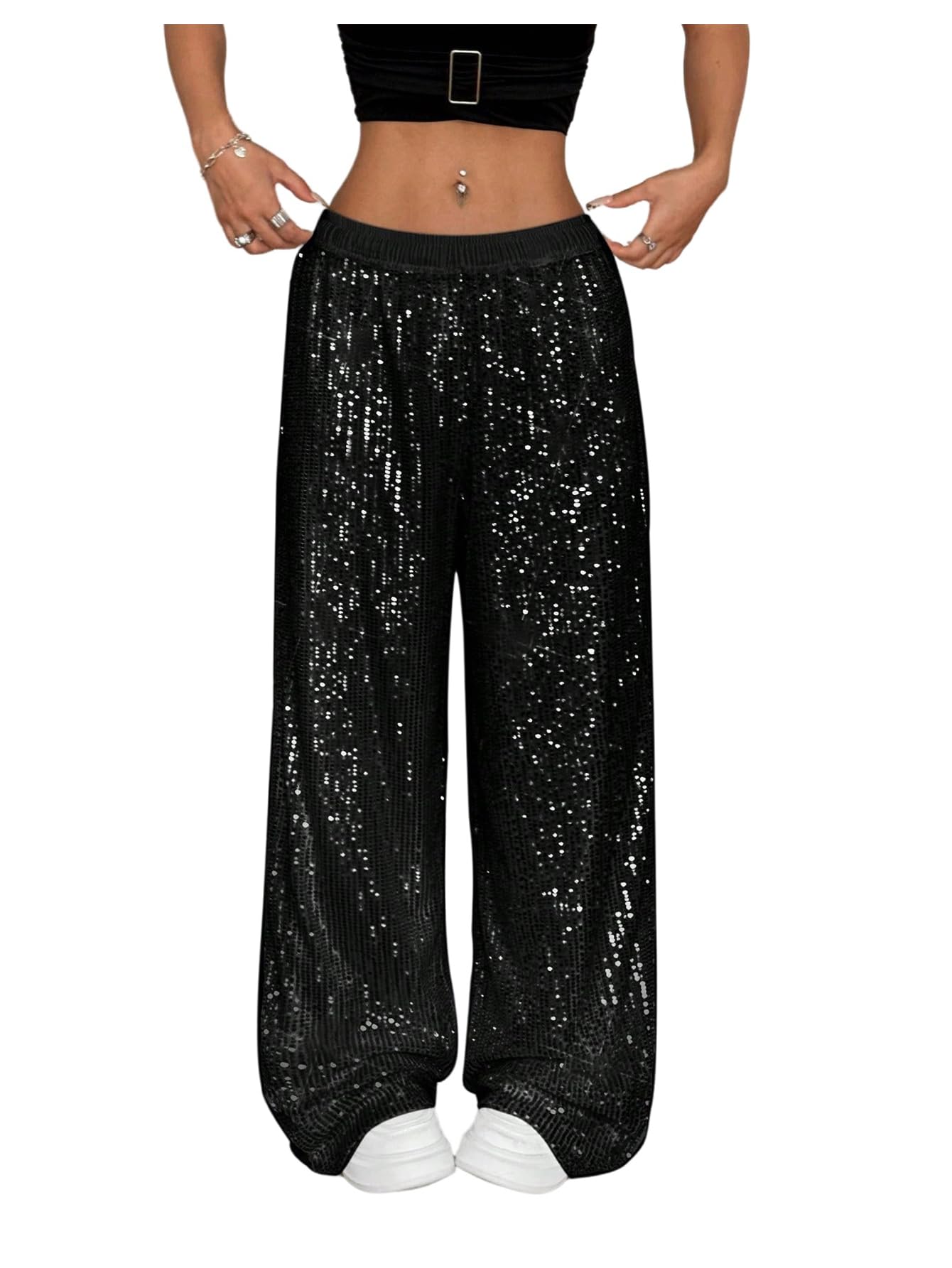 Floerns Womens Shiny Sequin Wide Leg Pants Elastic Waist Sparkly Baggy Pants