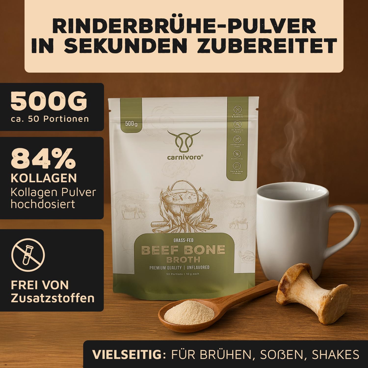 Carnivoro Knochenbrühe Pulver vom schwedischen Rind 500g 84% Beauty Kollagen Pulver
