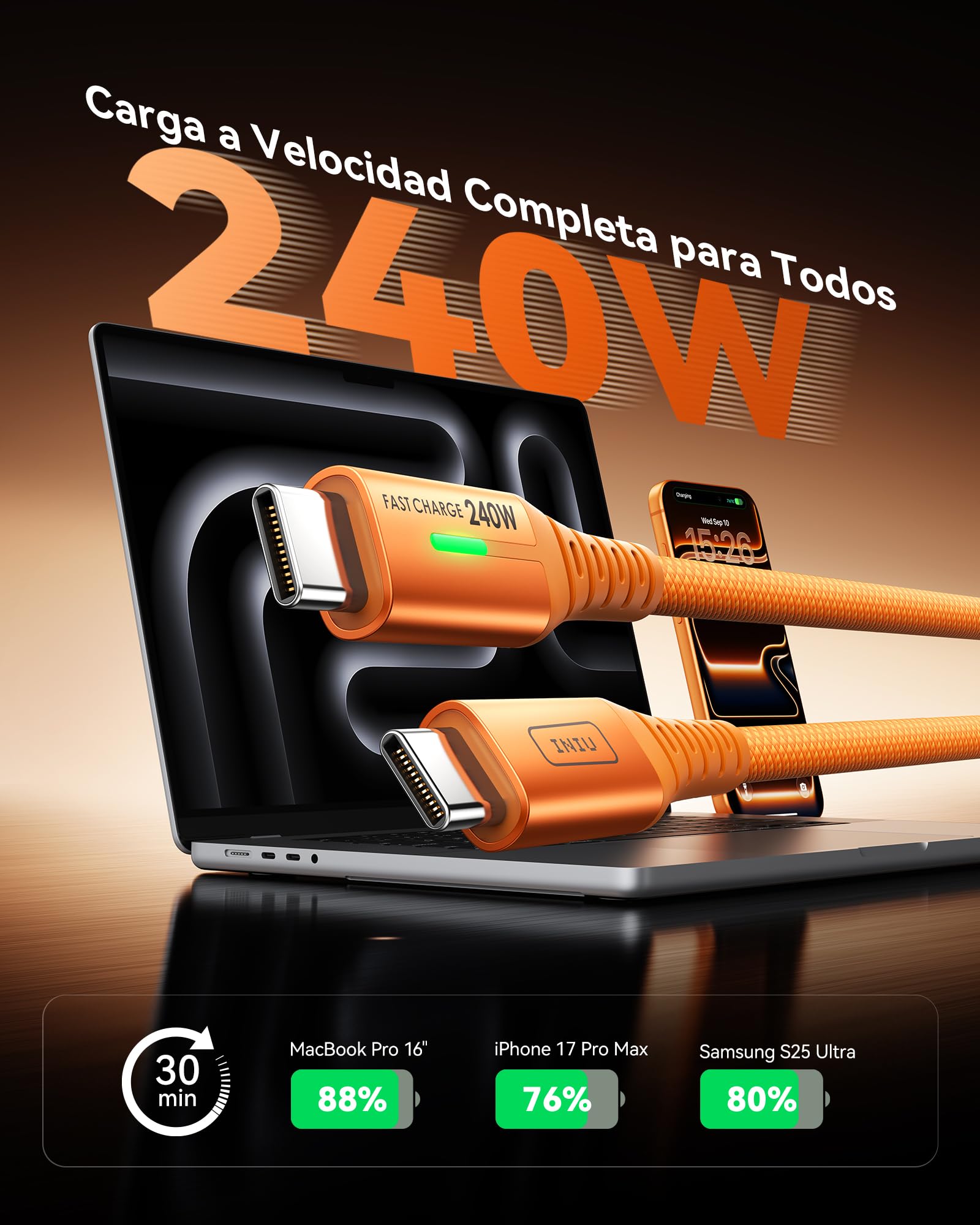 INIU Kabel do ładowania USB C na USB C, 2 m, pomarańczowy, 2-pak, kabel do ładowania PD typu C, super szybkie ładowanie do iPhone'a 17, 16, 15 Pro Max, MacBooka, iPada Air, Samsung S25, S24 Ultra