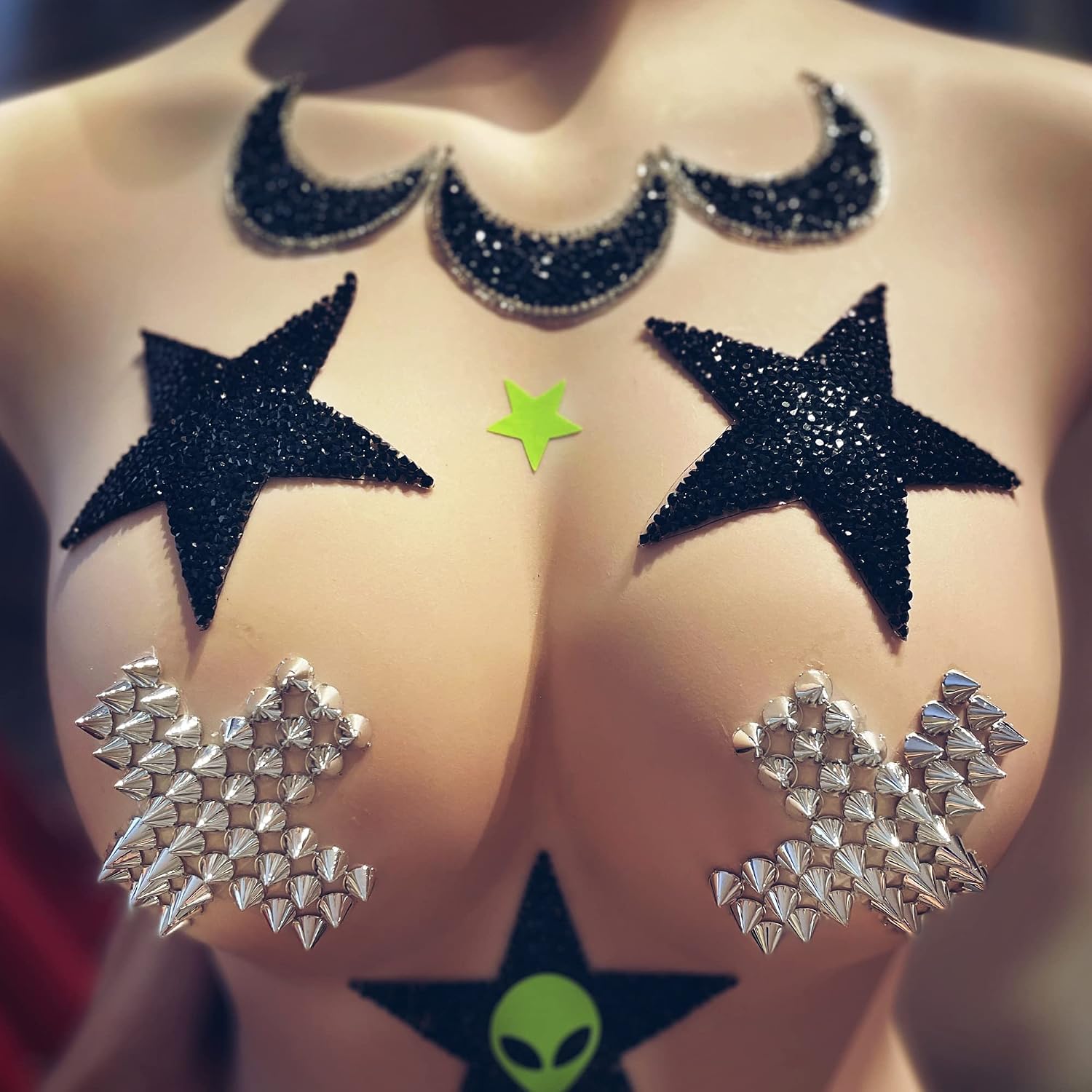 Sasswear Silver X Spiked Pasties Bad AF Nipple Covers, Pasties for Women, Crystal Rhinestone Nipple Cover Pasties for Festivals and Raves, Sexy Accessories, Lingerie
