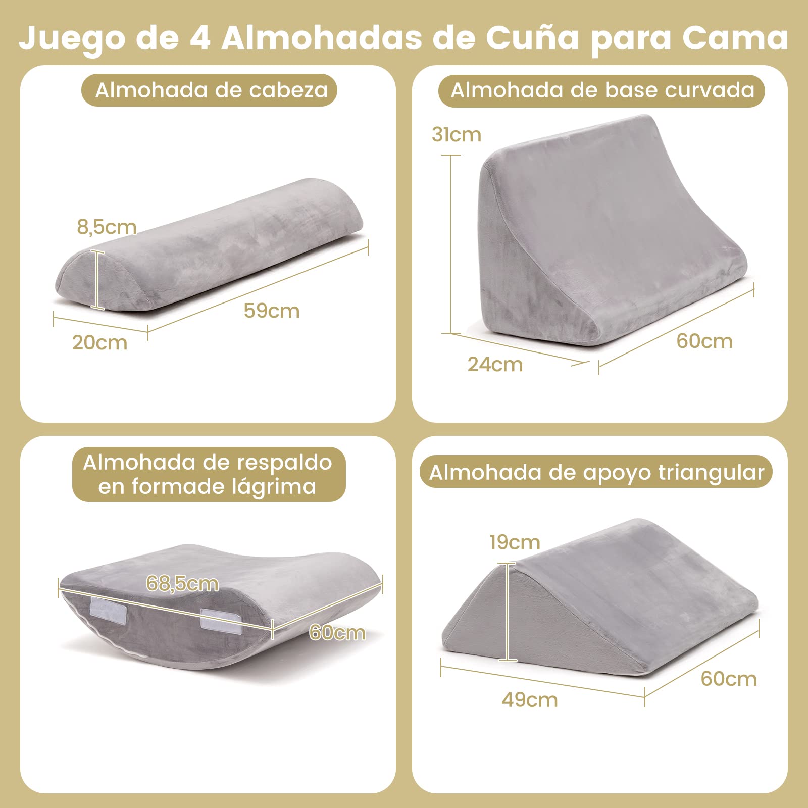 COSTWAY Almohada de Cuña para la Cama de 4 Piezas, Juego de Almohadas Postquirúrgicas de Espuma de Memoria para Aliviar el Dolor de Espalda, Cuello y Piernas, Almohada de Soporte de Espalda Ajustable