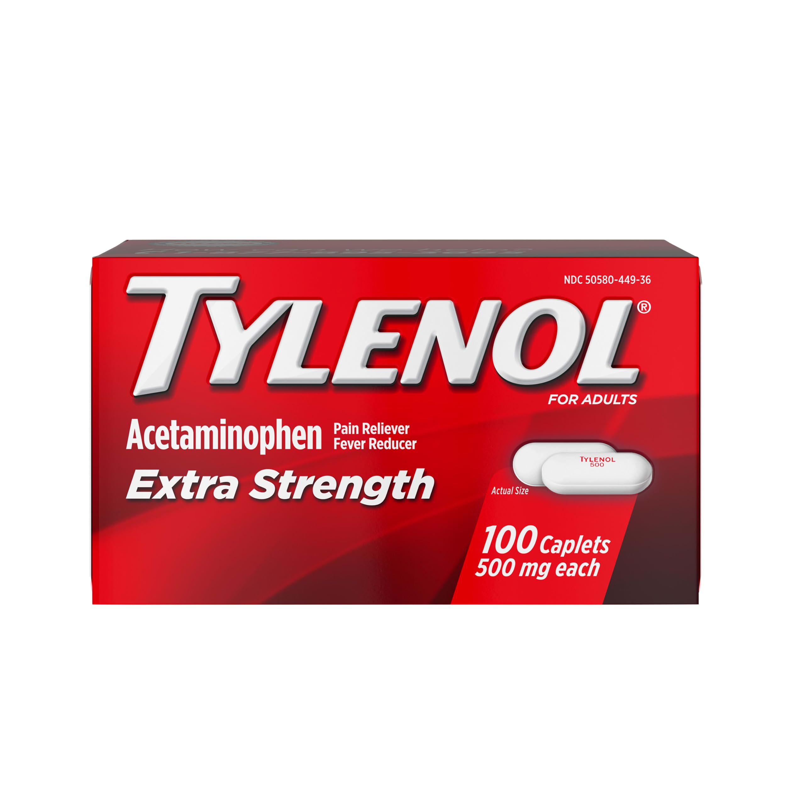 Tylenol Extra Strength Caplets, Fast, Strong Pain Relief Pills, Fever Reducer for Adults, Acetaminophen 500 mg, Gentle on Stomach, Headache, Backache, Minor Aches, Pains, Minor Arthritis, 100 Count