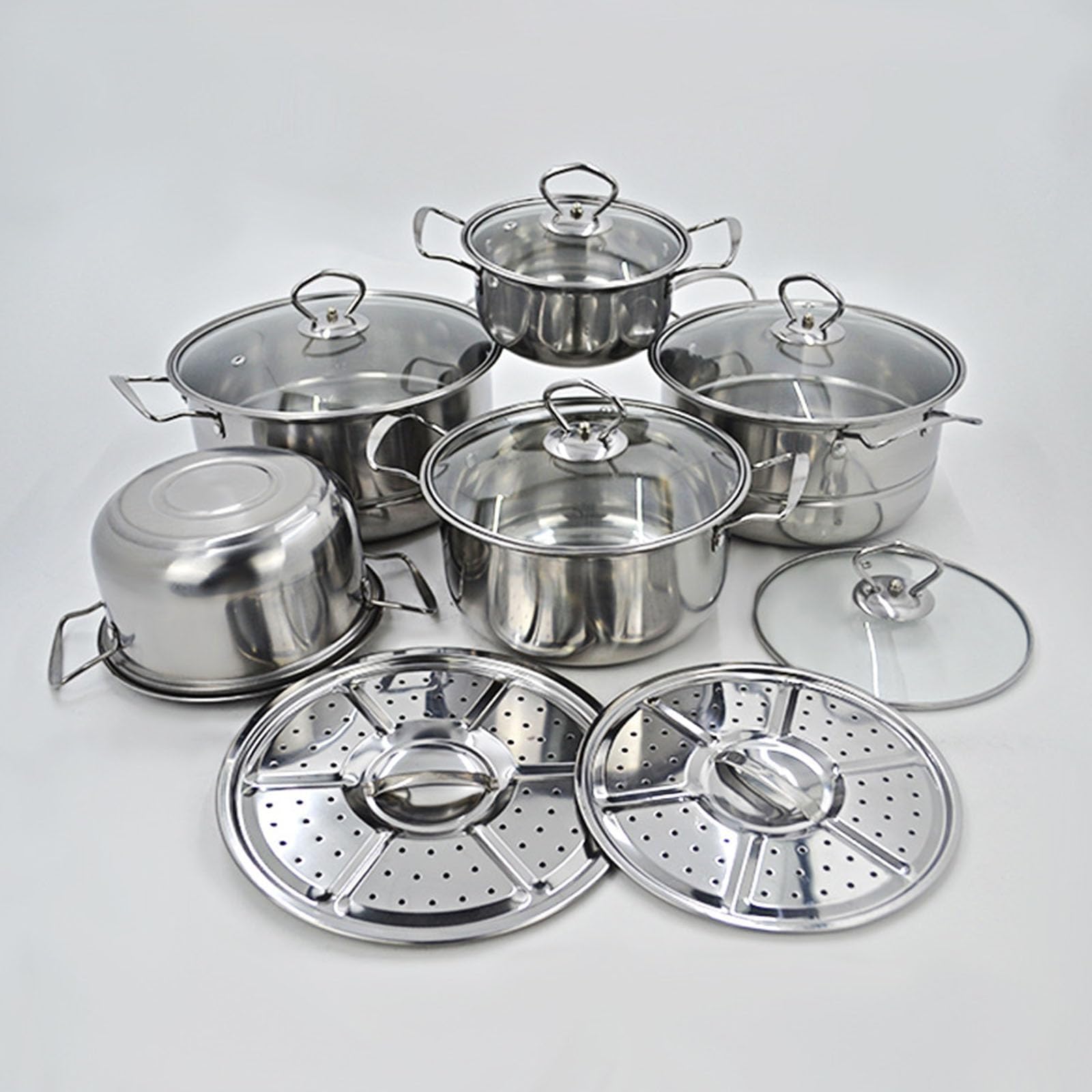 Edelstahl Kochgeschirr-Set, 5-teiliges Suppentopf mit Glasdeckel und Dampfschalen, kompatibel mit Gas- und Induktionsherden