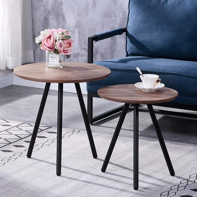 GOLDFAN Nesting Coffee Table Set of 2 Stackable Side End Tables for Living Room, Round Wooden & Metal Sofa Tables, Brown