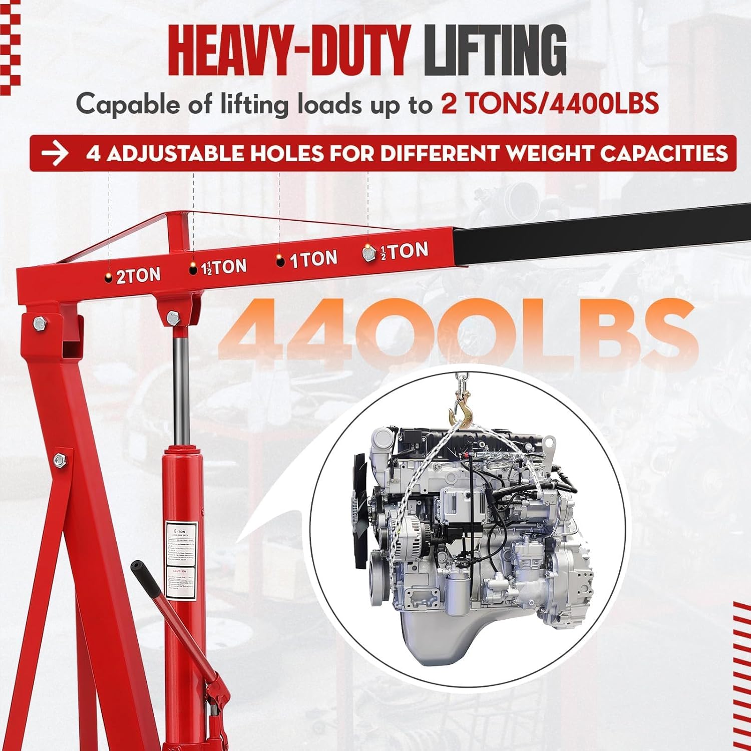 GarveeTech 2 Ton Folding Engine Hoist, Cherry Picker Engine Hoist, 4400 LBS Heavy Duty Hydraulic Shop Crane with Telescopic Boom and 6 Casters Engine Lifter for Automotive Repair