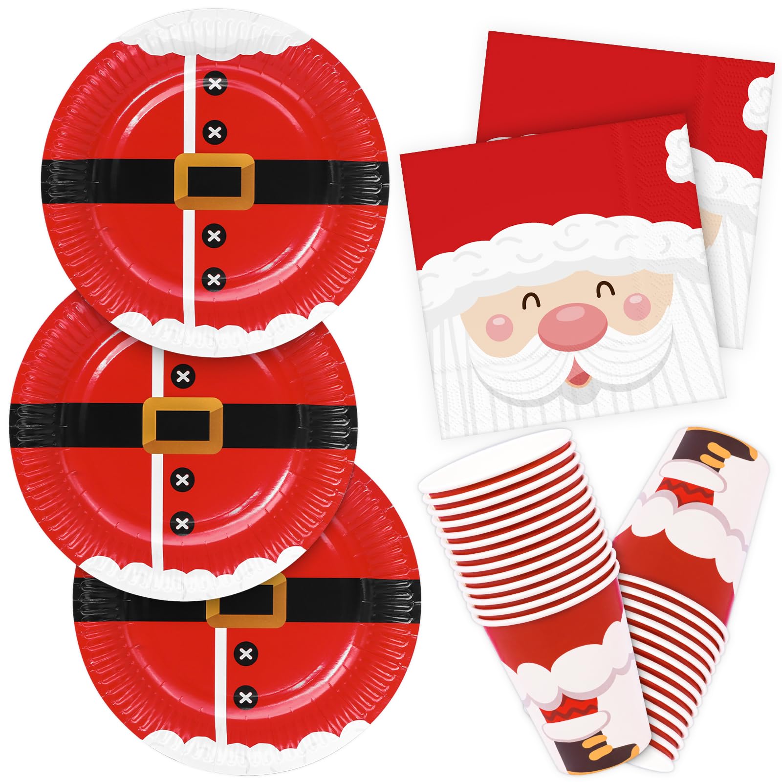 HNH Christmas Party Paper Plates Napkins Cups Set Santa Claus for 16 Person Dessert Plates Dinnerware Disposable