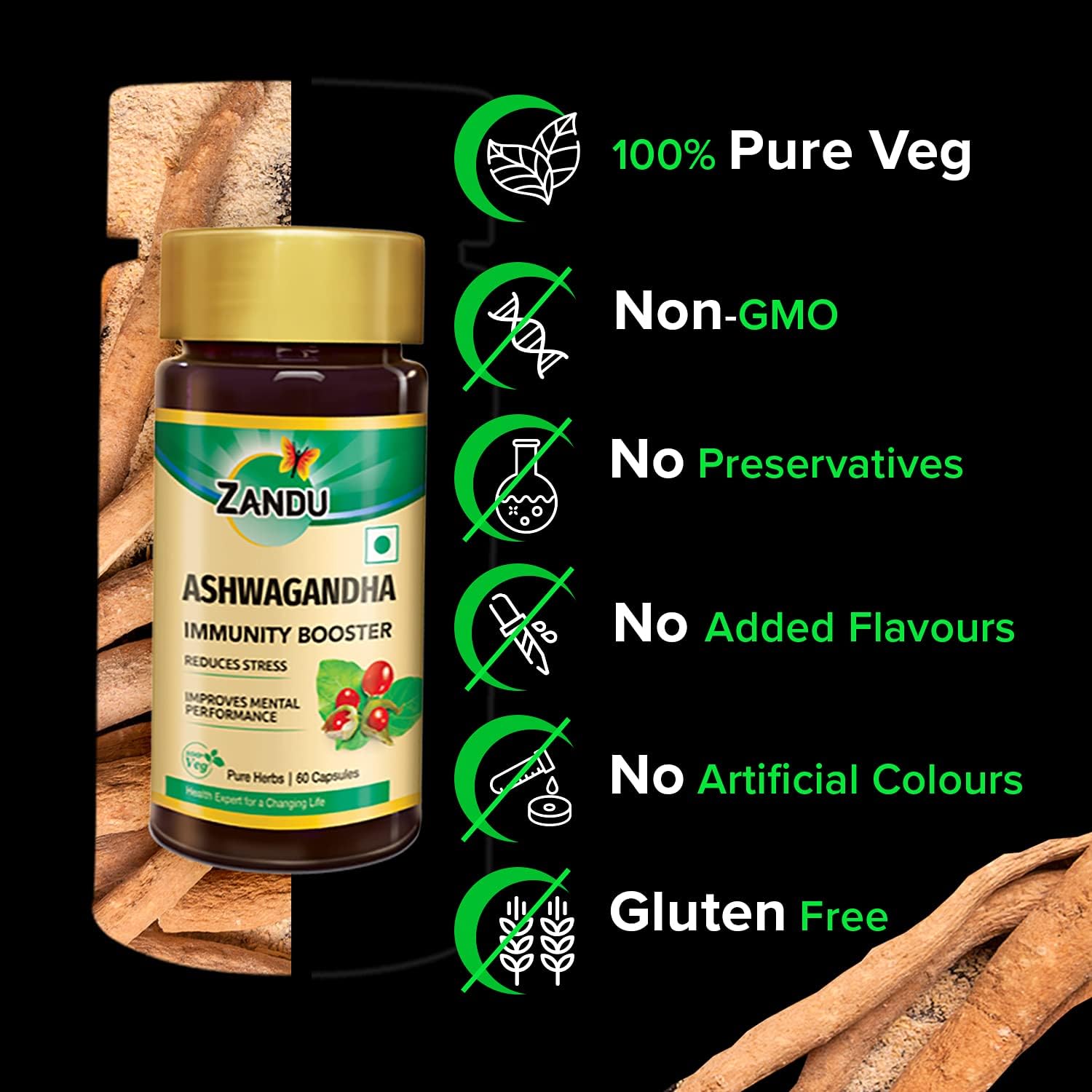 Zandu Ashwagandha 60 Veg Caps | 100% Pure Ashwagandha Root Extract | Scientifically Proven for Stress Relief With 5X Withanolide*| Boosts Immunity & Stamina | Rejuvenates Mind & Body| No Preservatives 3