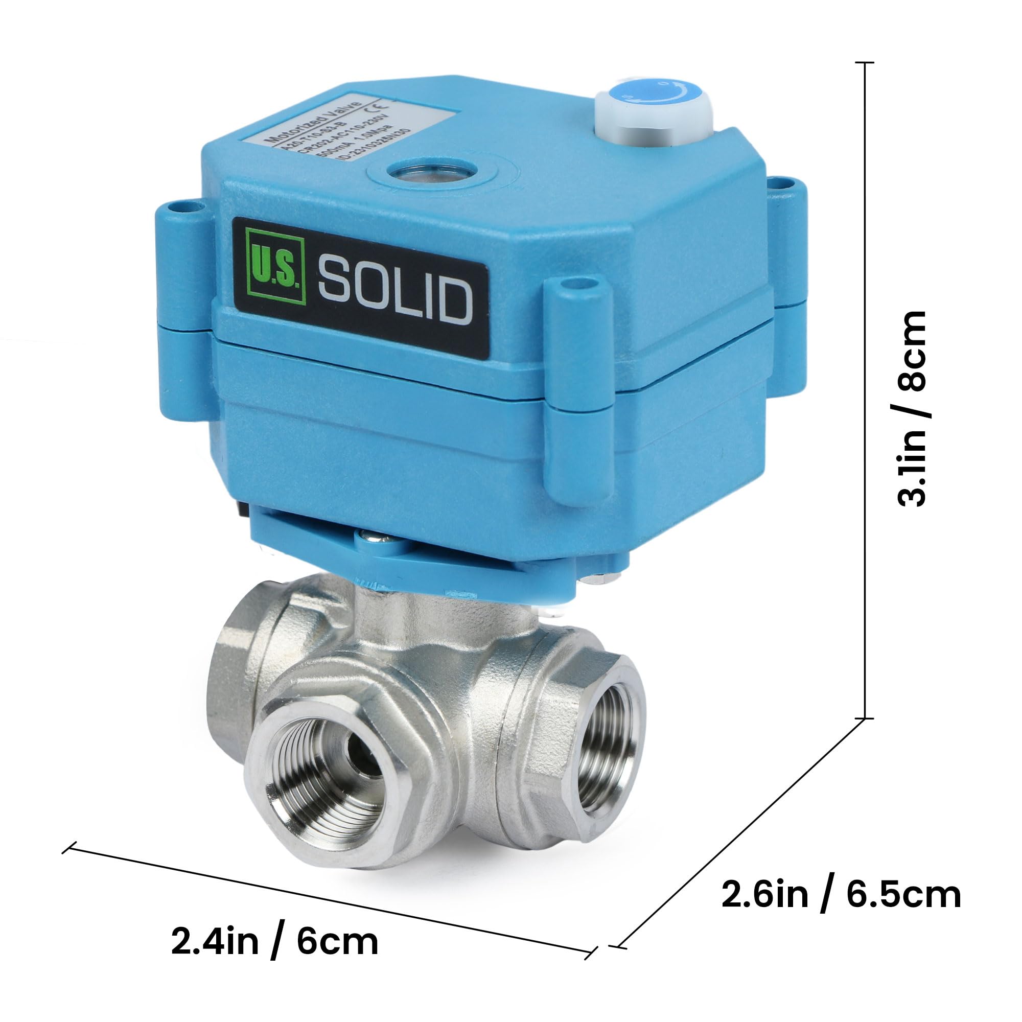 U.S. Solid Valvola 3 vie motorizzata 3/8" in acciaio inox – AC 110–230 V, Tipo L, funzione manuale, porto standard, per acqua