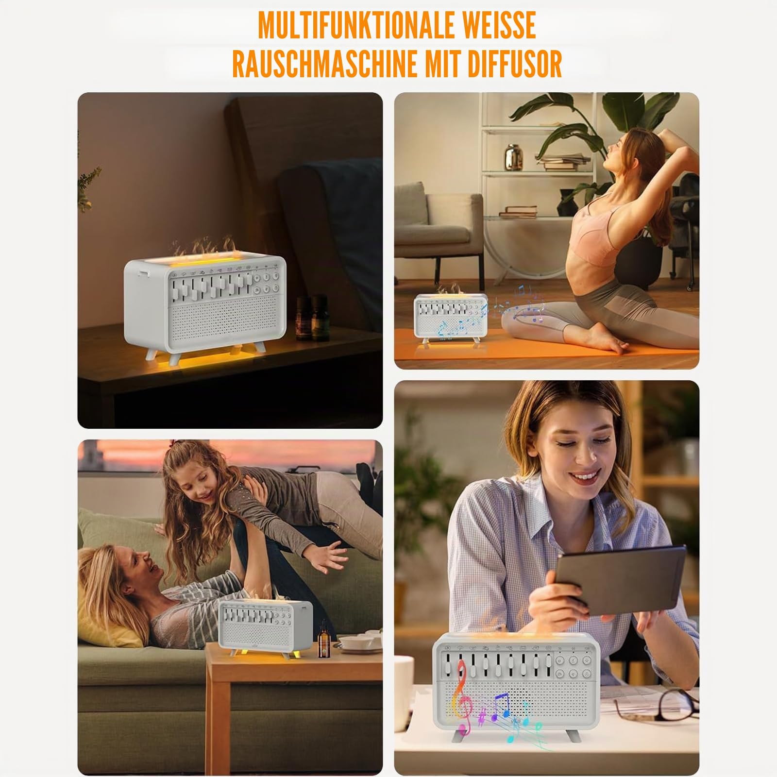 Weißes Geräusch-Maschine, tragbarer Schlaf-Timer für Kinder und Erwachsene, mit 8 Naturgeräuschen, Mixer-Optionen, Bluetooth-Lautsprecher, Nachtlicht, Flammenbefeuchter zum Schlafen