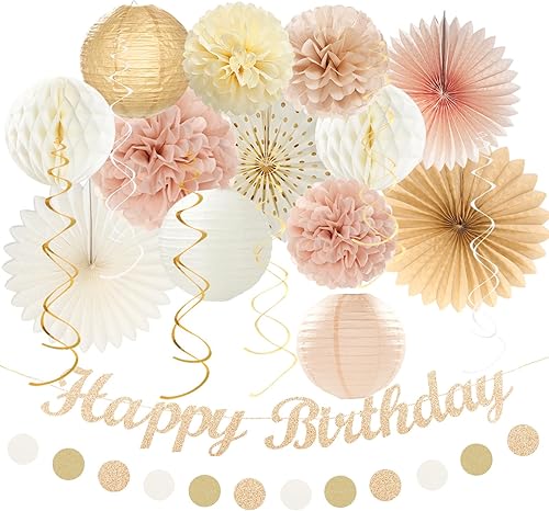 Decoraciones de fiesta de cumpleaños boho color champán dorado beige otoñal  21 piezas de pancarta de otoño neutral retro feliz, faroles de papel de