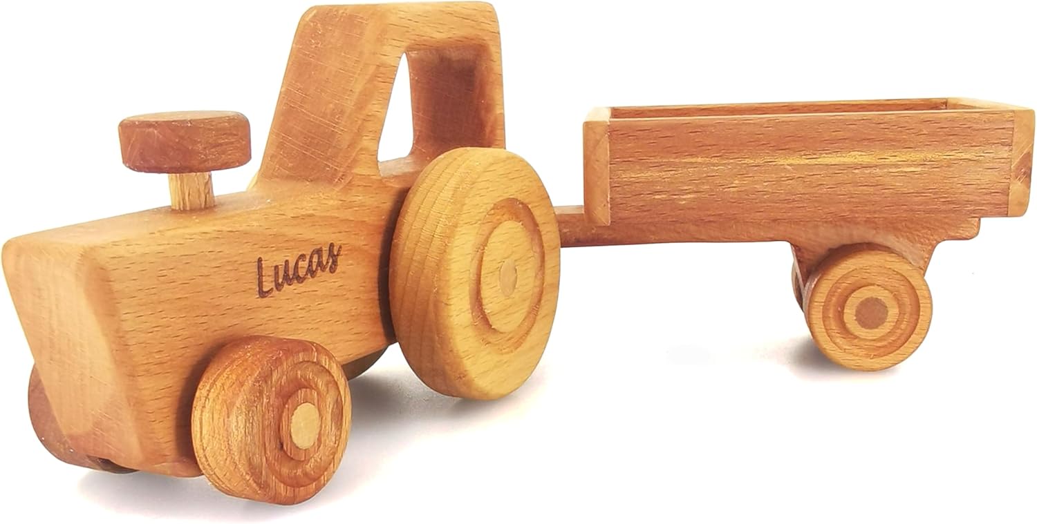Personalized Wooden Tractor Toys For Boys - Wooden Tractor And Trailer Farm Toys For Kids- Toddler Tractor Toys Best Gifts For 2 Year Old - Baby Boy Gifts Wooden Farm Toys - Construction Kid Toys