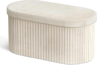 GLAXYFUR Folding Ottoman with Storage, Oval Velvet Storage Bench, Beige