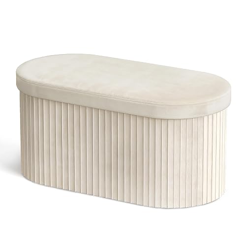 GLAXYFUR Oval Folding Storage Ottoman, Velvet Upholstered Foot Rest, 30
