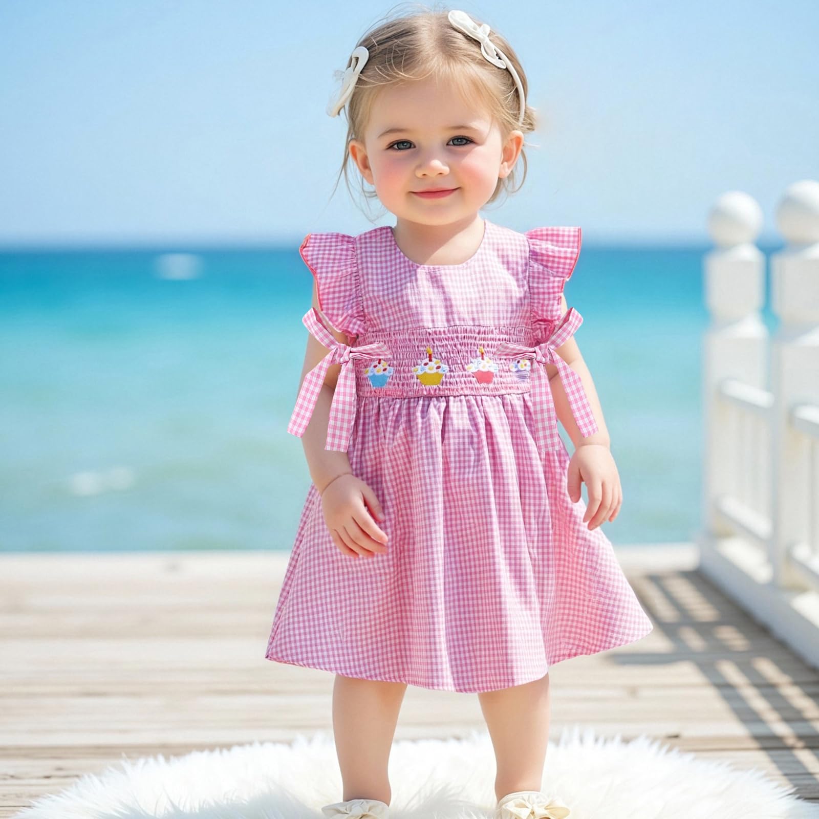 Little Kids Toddler Baby Girl Birthday Smocked Dress Plaid Flutter Sleeve Cake Embroidery A-line Dress 1 2 3 4 5 6T (Pink, 2-3 Years)