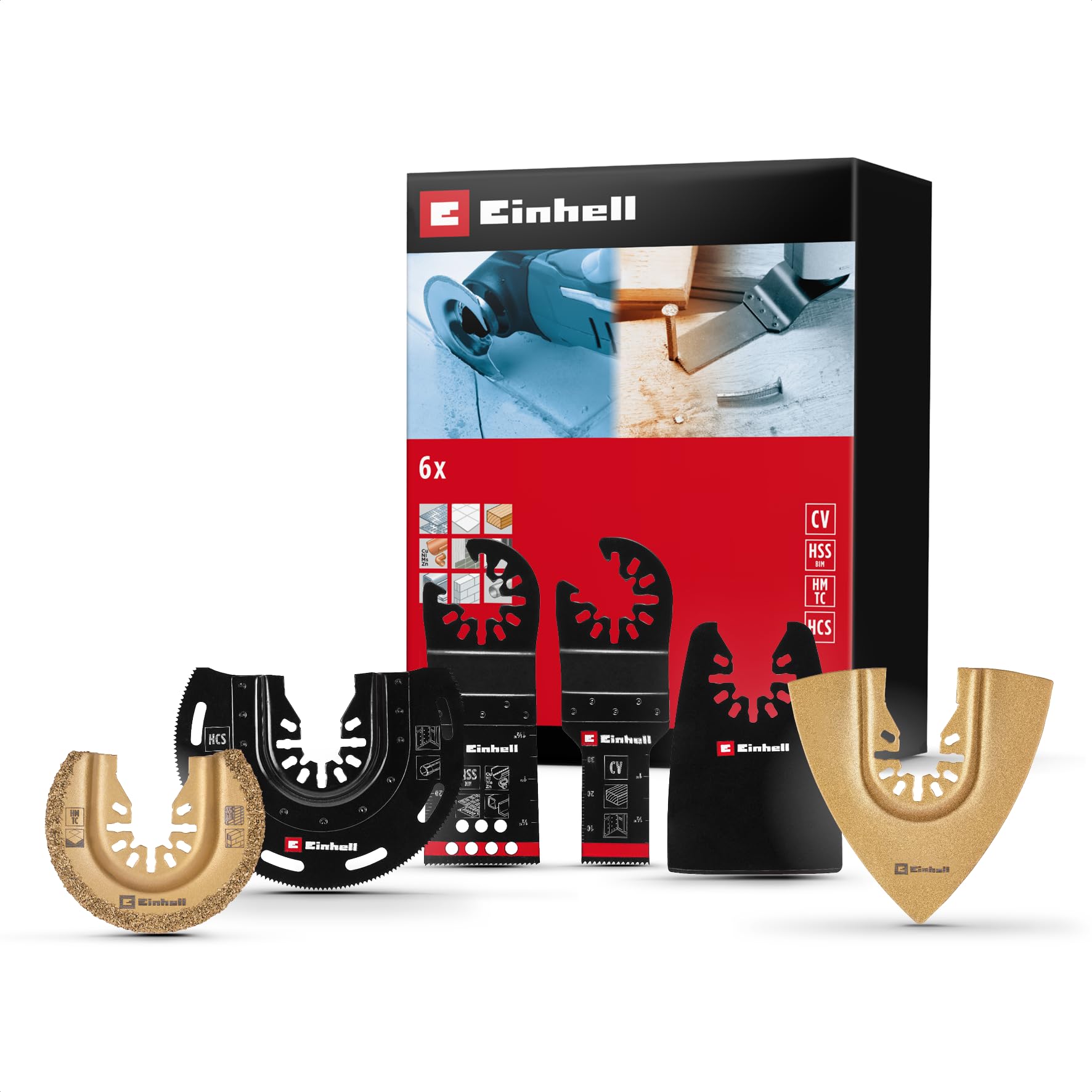 Originale Einhell set multiutensile 6 pz. (lama da taglio BIM a tuffo, semitonda HCS, a tuffo CrV, semitonda HM, raspa delta, raschietto)