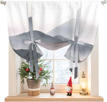 Mountain Peak Tie Up Curtains for Windows 45 Inch Length Balloon Curtains Kitchen Adjustable Balloon Window Shade Black Gray Mist Zen Modern Fantasy Tie Up Valance Bathroom Curtain Window 42"x45"