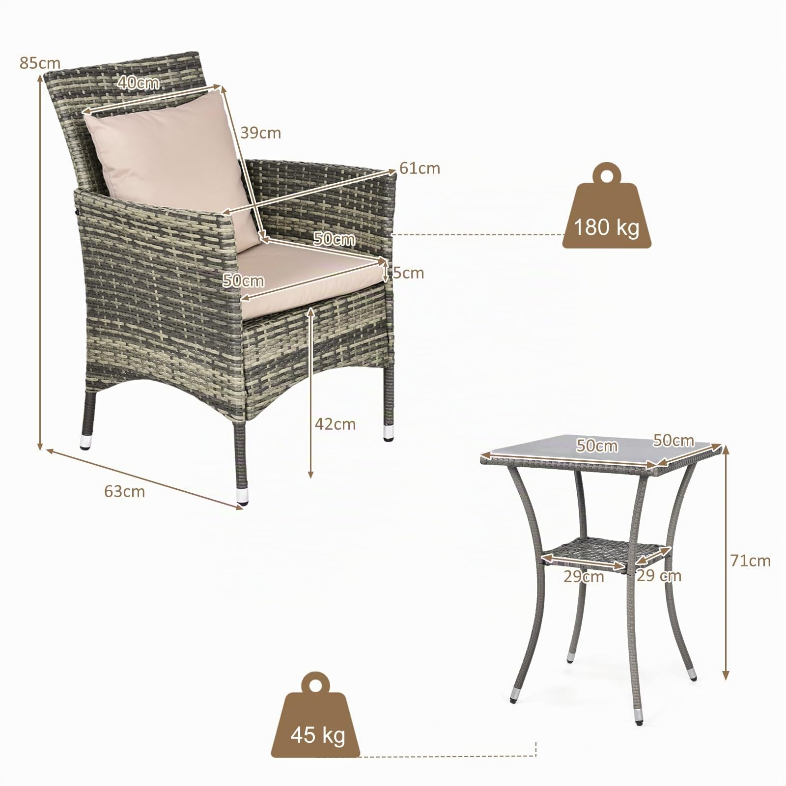 KOMFOTTEU Set Mobili da Giardino in Rattan con Tavolino in Vetro Temperato | 2 Poltrone con Cuscino Portata 180kg, ideali per completare il tuo set da giardino in rattan