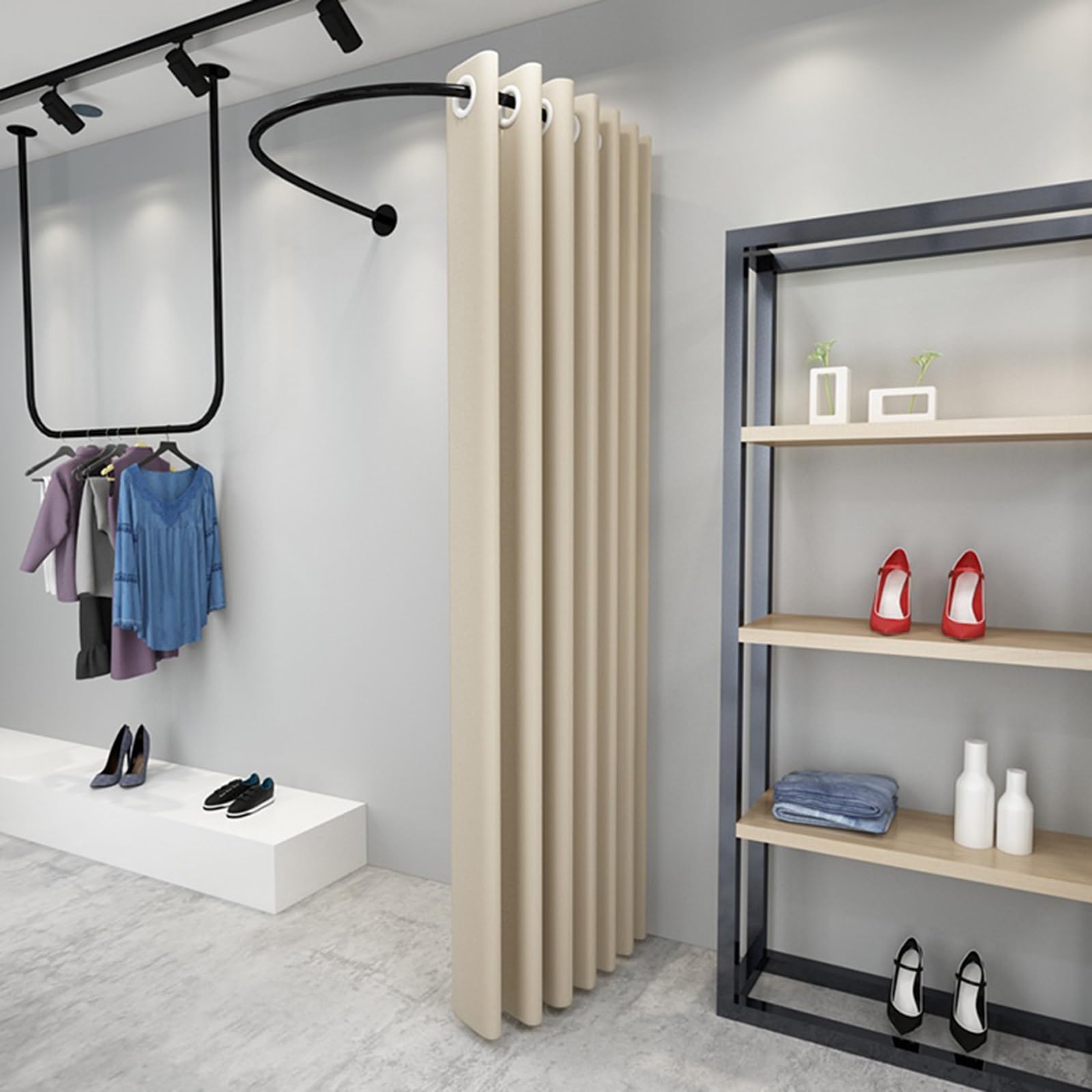 WQPMNYG 100 cm Changing Room Curtain Rail - Commercial Boutique Privacy Curtain for Fitting Room - U-Shaped Wall Partition for Clothing Store (Beige Set)