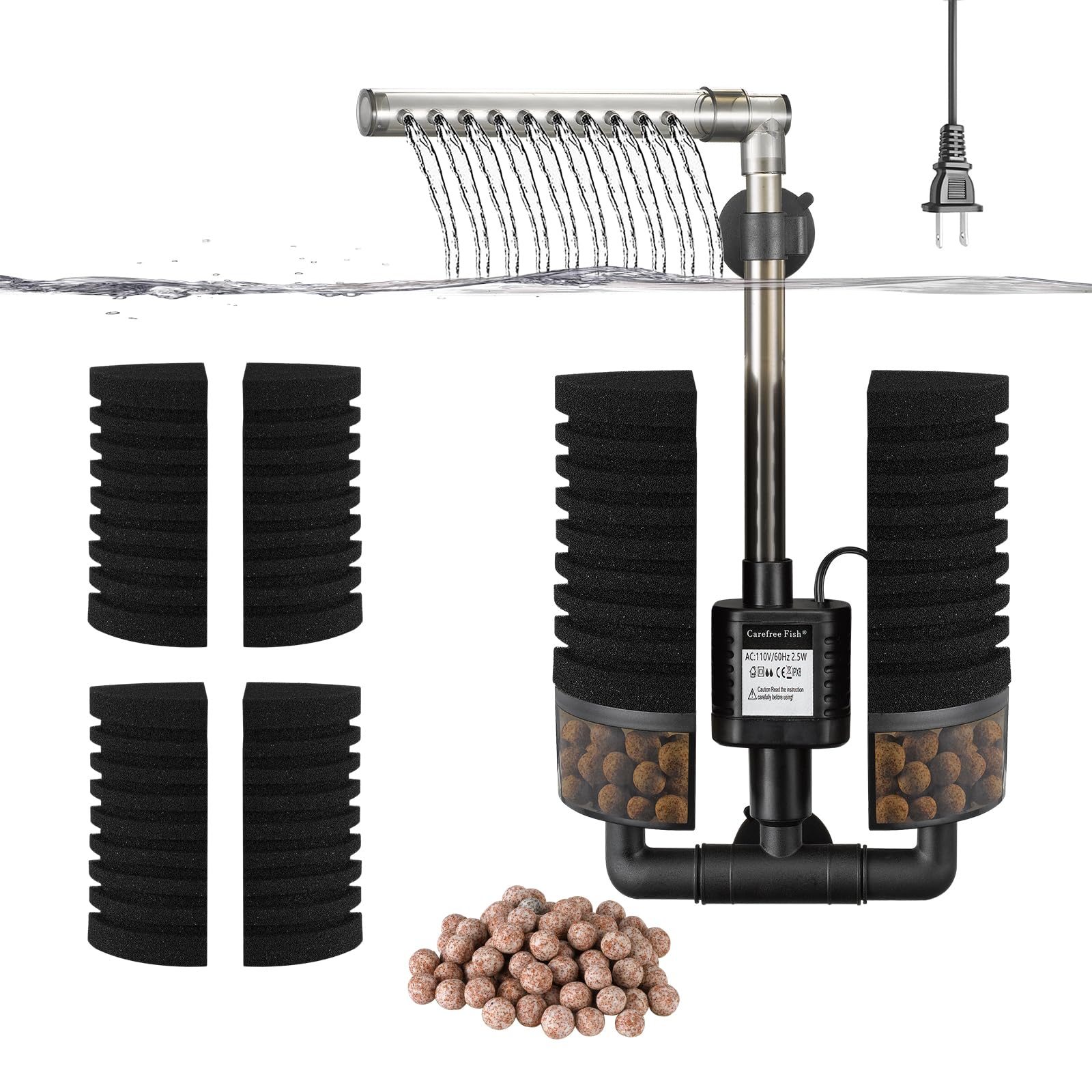 Carefree Fish Aquarium Filter with Water Pump 4 Sponges and 1 Bag of Filtered Ceramic Balls Fish Tank Quiet Filter for Salt Water and Fresh Water