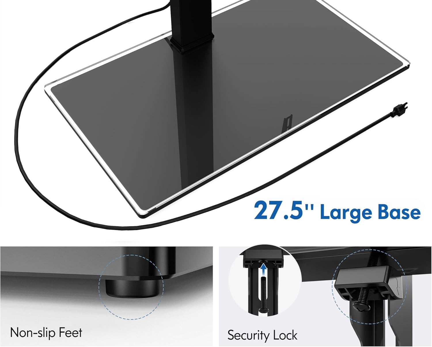 FITUEYES Universal TV Stand with Power Outlets for 50-85 inch TVs, Swivel&Height Adjustable Tall TV Stand for Bedroom Living Room, 27.5''Large Tempered Glass Base Holds up to 110 lbs.