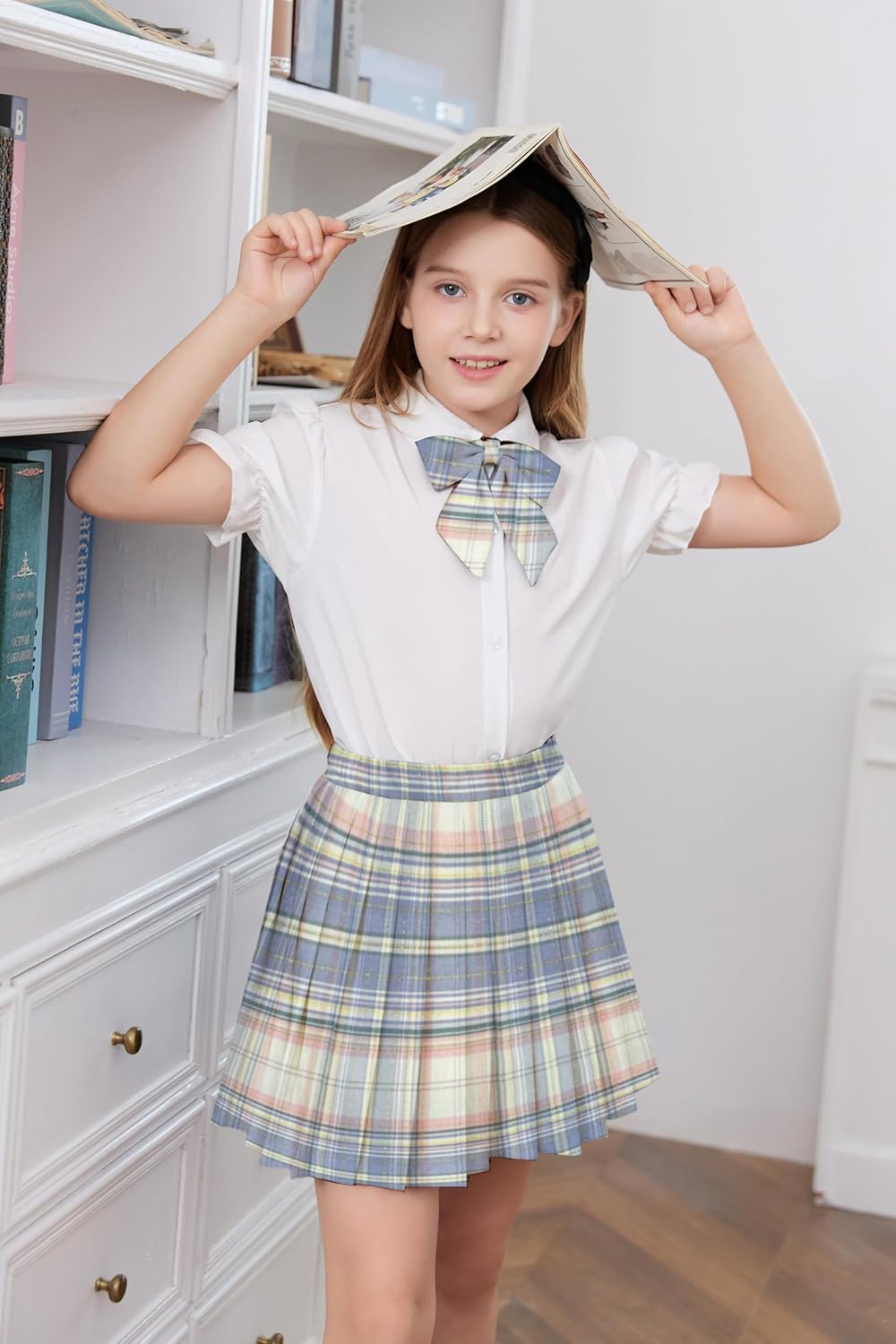Betusline Girls Skirt Set JK School Uniform 2-Piece Outfit - Short Sleeve Shirt with Bow & Pleated Skirt 4T-14Y - Image 2