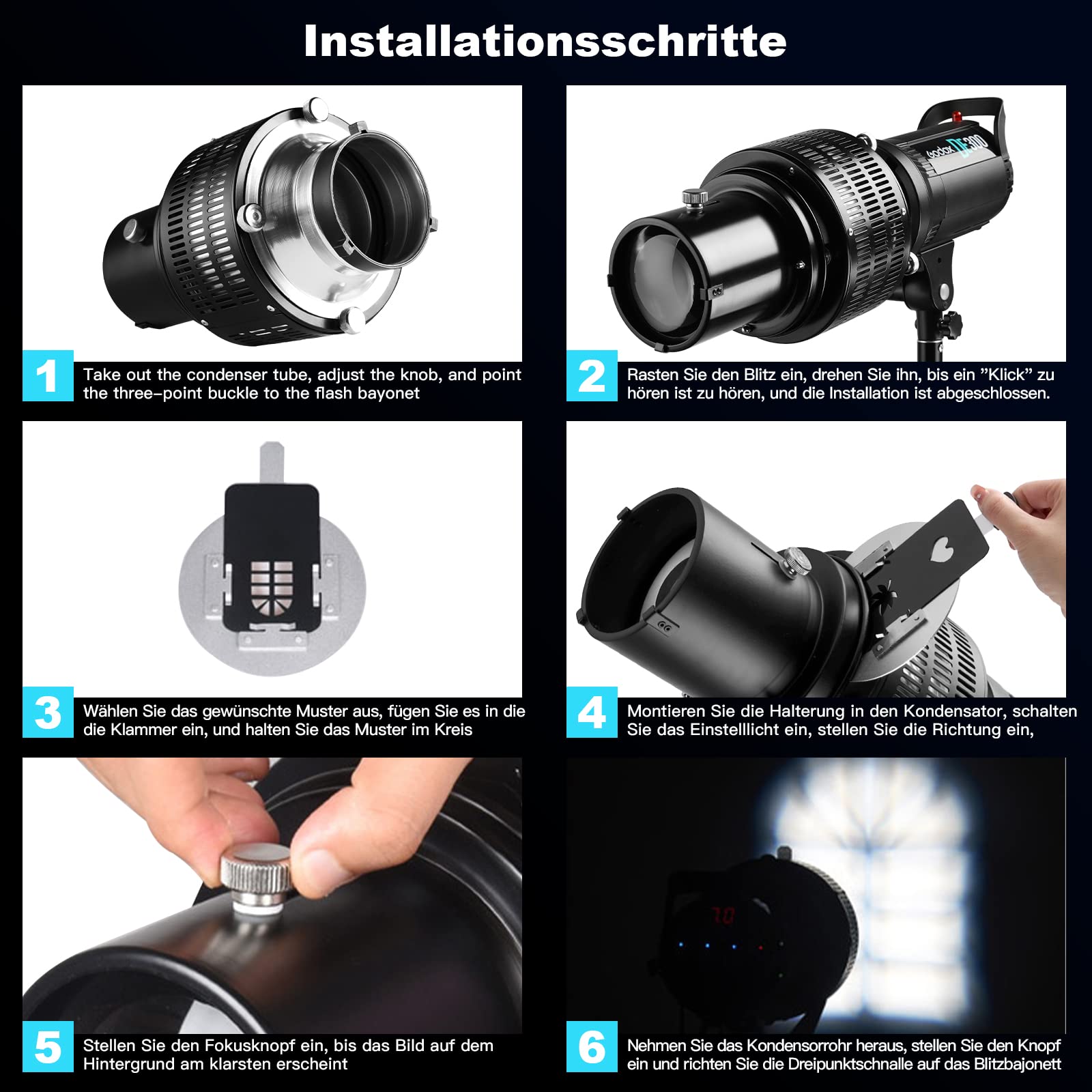 Soonpho Snoot ottico conico con supporto Bowens per fotografia, in lega di alluminio, proiettore GOBO, sensore ottico con 5 filtri e 10 gobos per monolight LED Spotlight