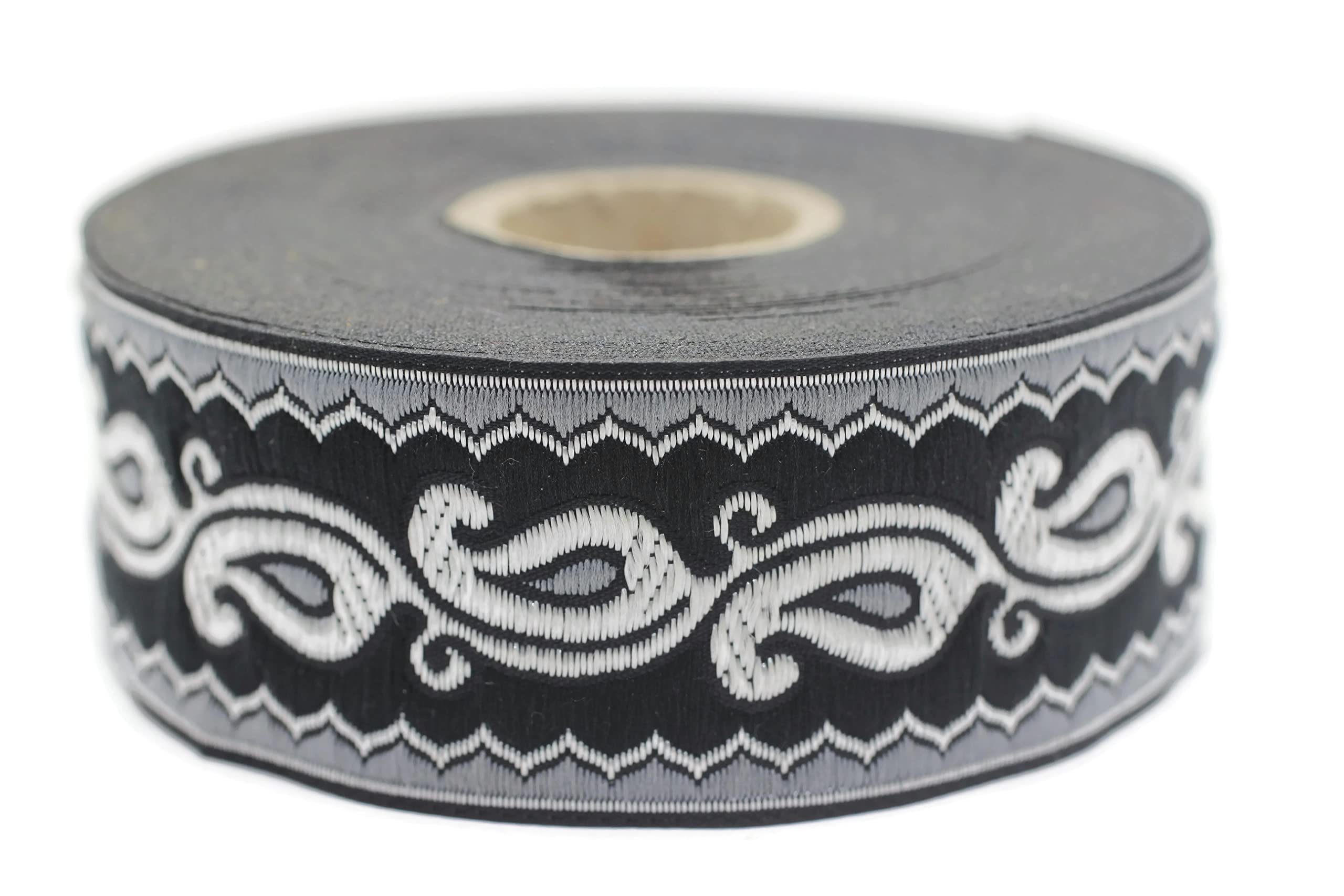 Ruban jacquard motif tulipe gris 35mm pas cher ruban tissu couture loisirs créatifs 10m