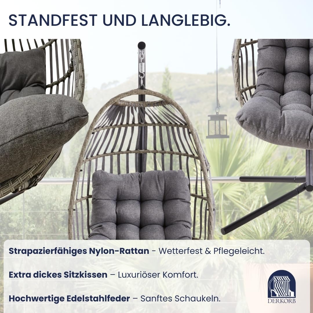 Der Hängekorb - Hängesessel mit Gestell, wetterfest inkl. Polster – Rattan Hängeschaukel für Garten & Indoor, Outdoor Schaukelsessel in Anthrazit