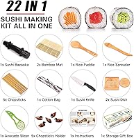 Vista 2 de Kit de fabricación de sushi SmileTools, juego de 22 piezas para principiantes con libro guía, bazuca, cuchillo, estera, cortador de aguacate