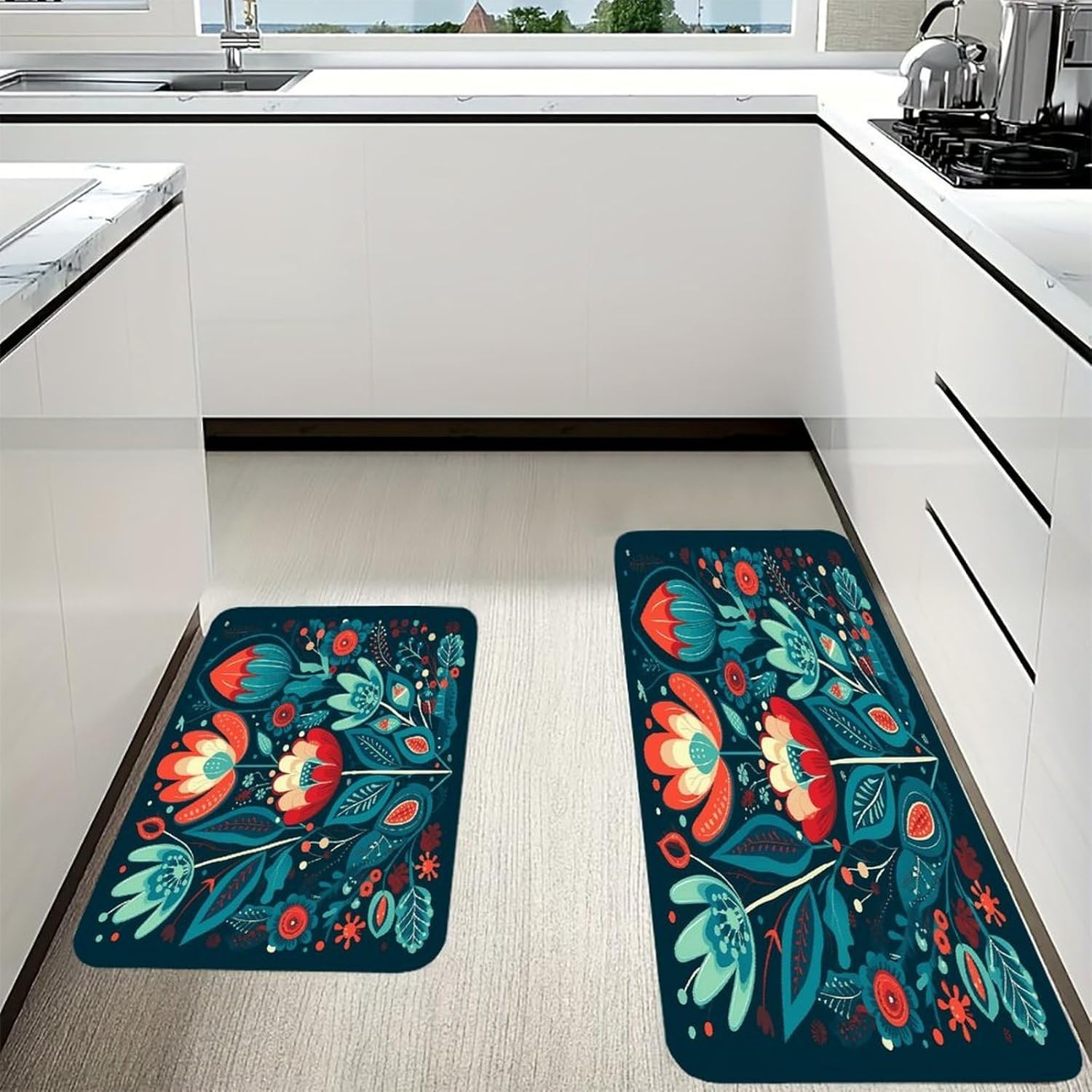 Folk Blue Flowers Kitchen Mats with 2PCS Non-Slip Washable,Kitchen Rug Heavy Duty Durable, Floor Mats for Kitchen,Office,Sink,Laundry