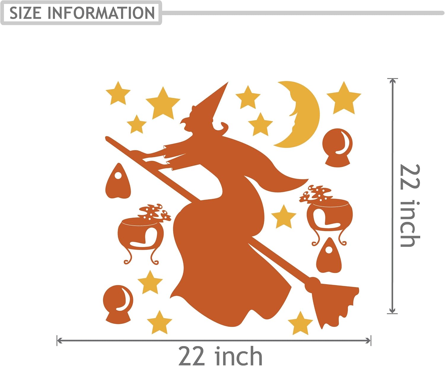 Witch on Broomstick in Night Sky for Halloween Window Shop Forefront Sticker - Happy Halloween Shop Window Sticker with Mysterious Witch and Halloween Attributes 22x22 in inches