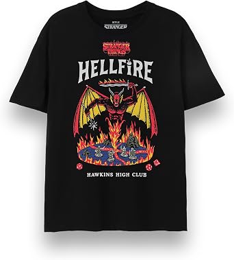 Stranger Things Unisex T-Shirt | Adults Hellfire Club Short Sleeve Graphic Tee in Black | Hawkins High Club Devil & Fire Apparel Top | Netflix TV Show Merchandise Gift