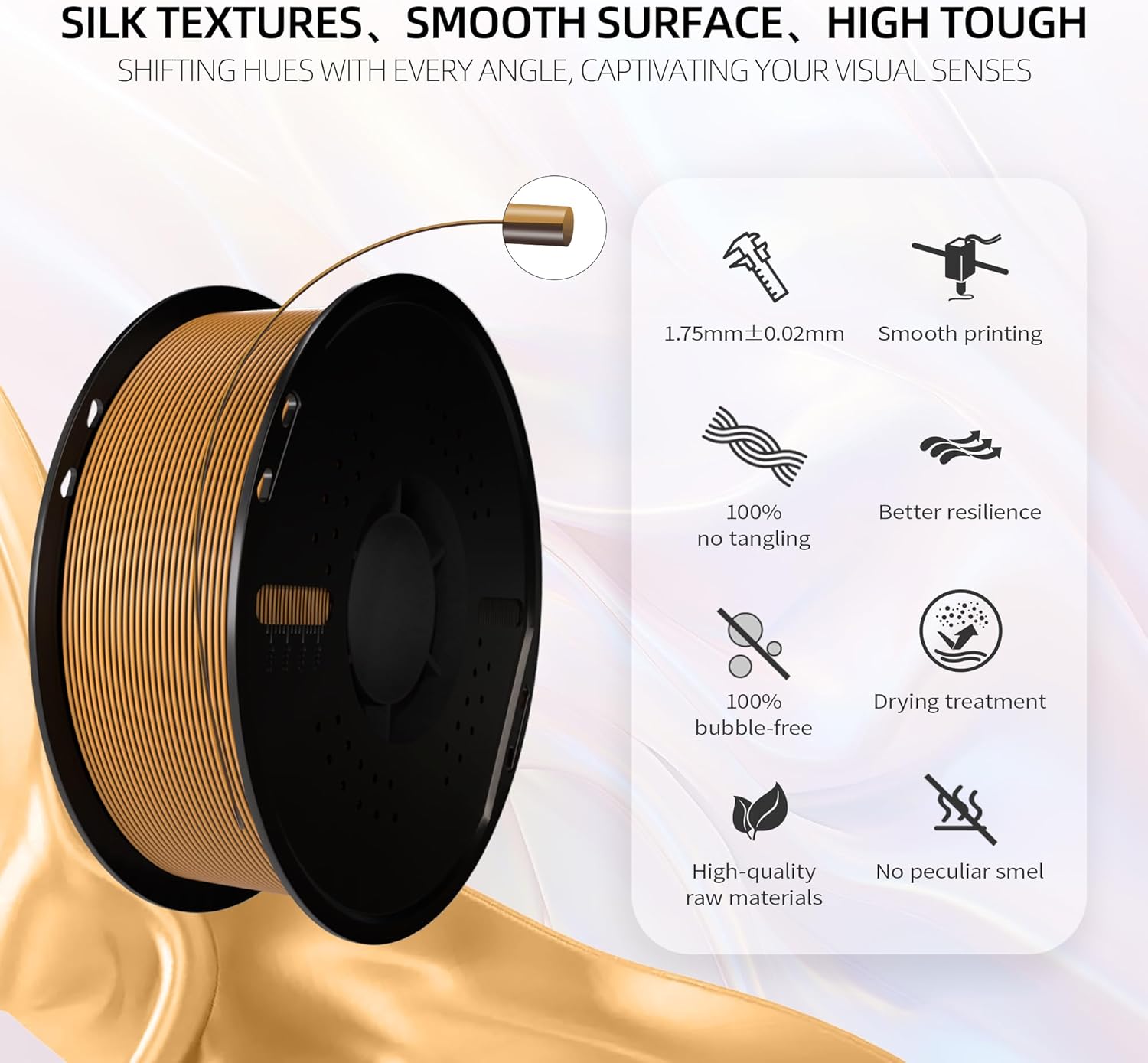 1.75mm Tricolor PLA 3D Printer Filament(SilkGoldCopperBlack), Iridescent Effect, 3D Silk Rainbow Filament Changes Color with Viewing Angle, Dimensional Accuracy +/-0.02mm, 2.2lbs/Spool