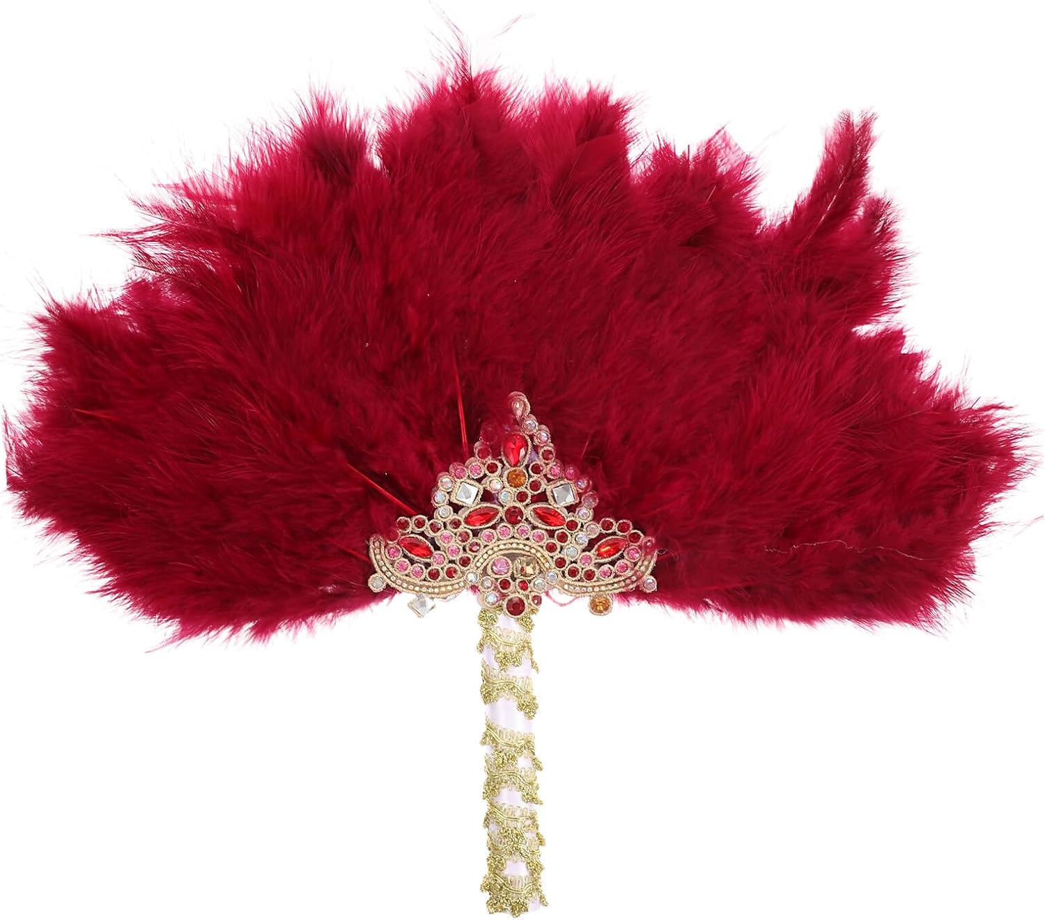 Handmade Rhinestone Decorative Bride Fan with Red Triangle Crystals, Half-opened Circular Plume Fan for Wedding and Bridesmaid Use