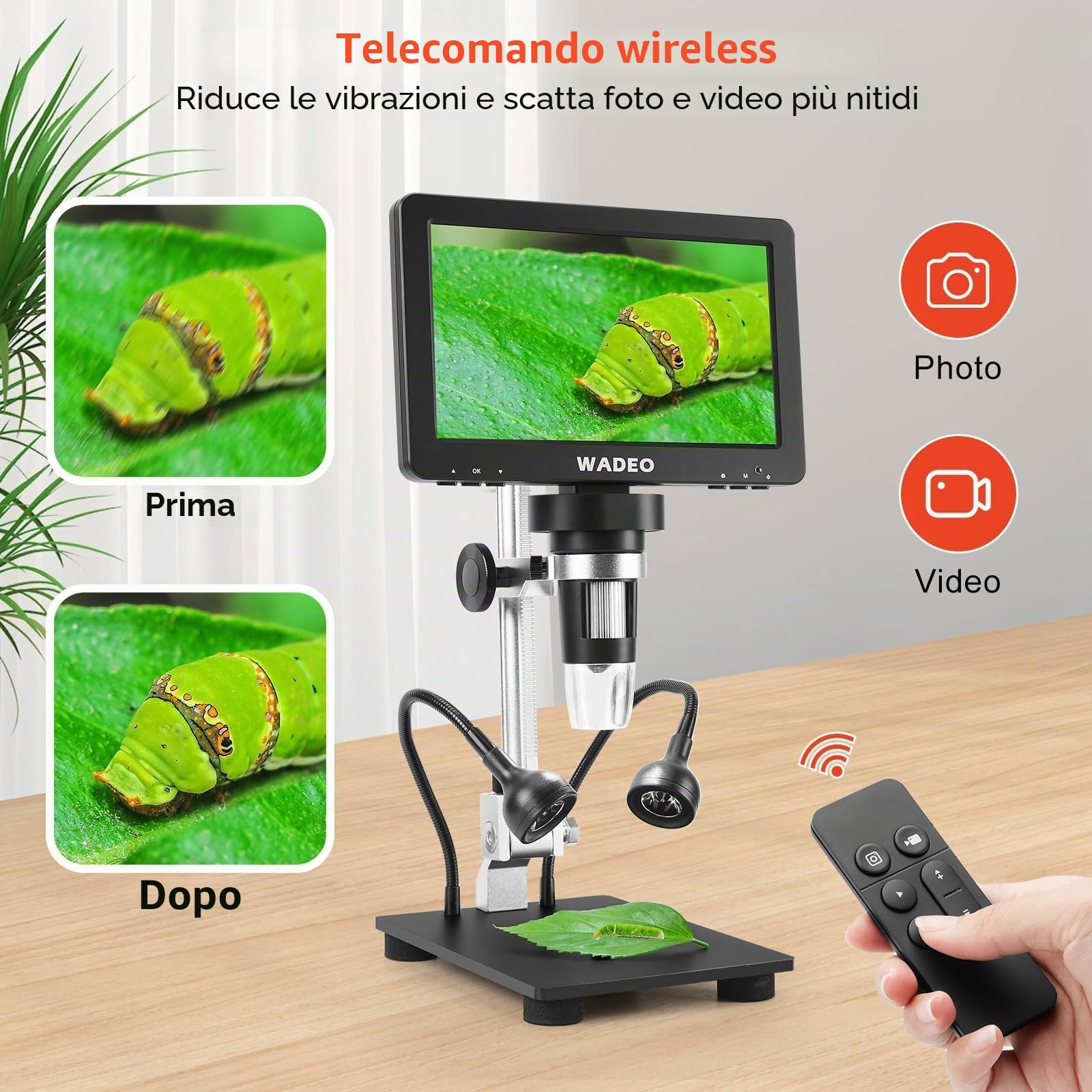 WADEO Microscopio Digitale Professionale, [7" Schermo LED] [1200X] Microscopio per Saldatura con 2 Lampade Regolabili, Scheda 32GB, Uscita HDMI per TV, PC, Windows, Mac (7" - 1200X - HDMI + USB)