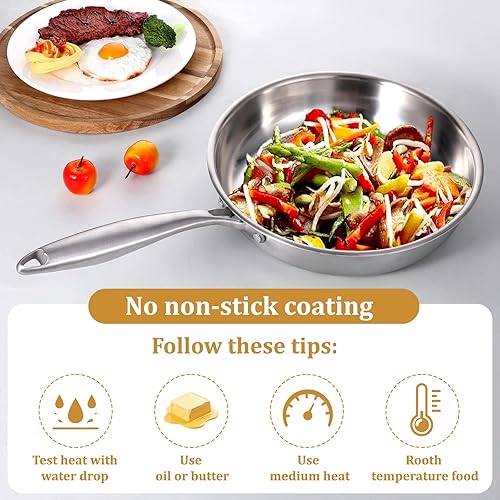 Miniatura 8 de Juego de sartenes de acero inoxidable de tres capas, 2 sartenes de 10 pulgadas sin revestimiento con mango que se mantiene fresco, juego de sartén,