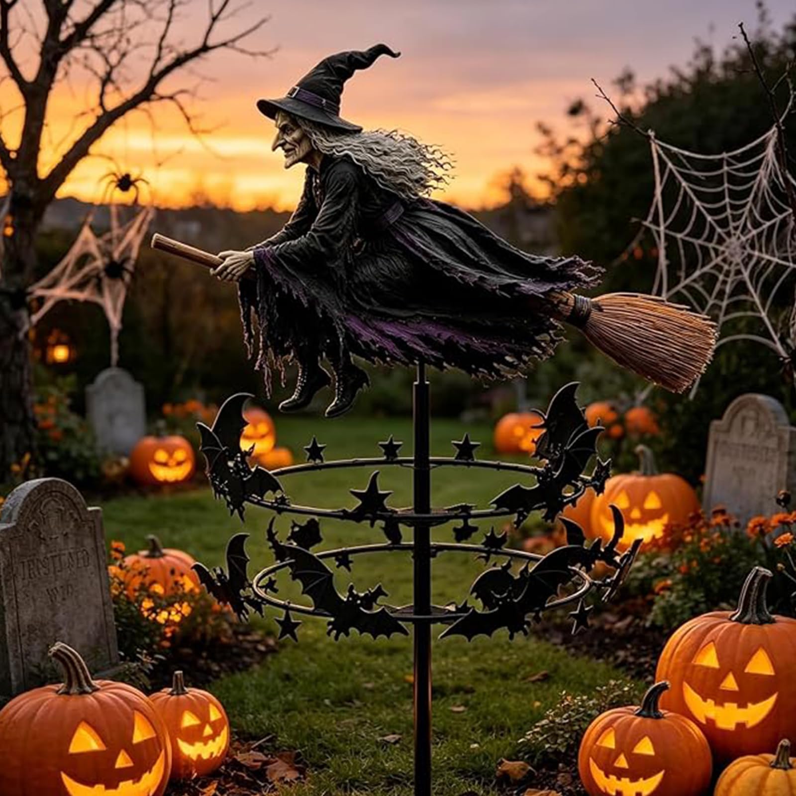 Halloween Gartenstecker Metall Hexe, Windspinner Garten Deko mit Dreh Effekt, Outdoor Gartendekoration für Rasen Terrasse Balkon, Herbst Dekoration und Halloween Party Zubehör，3