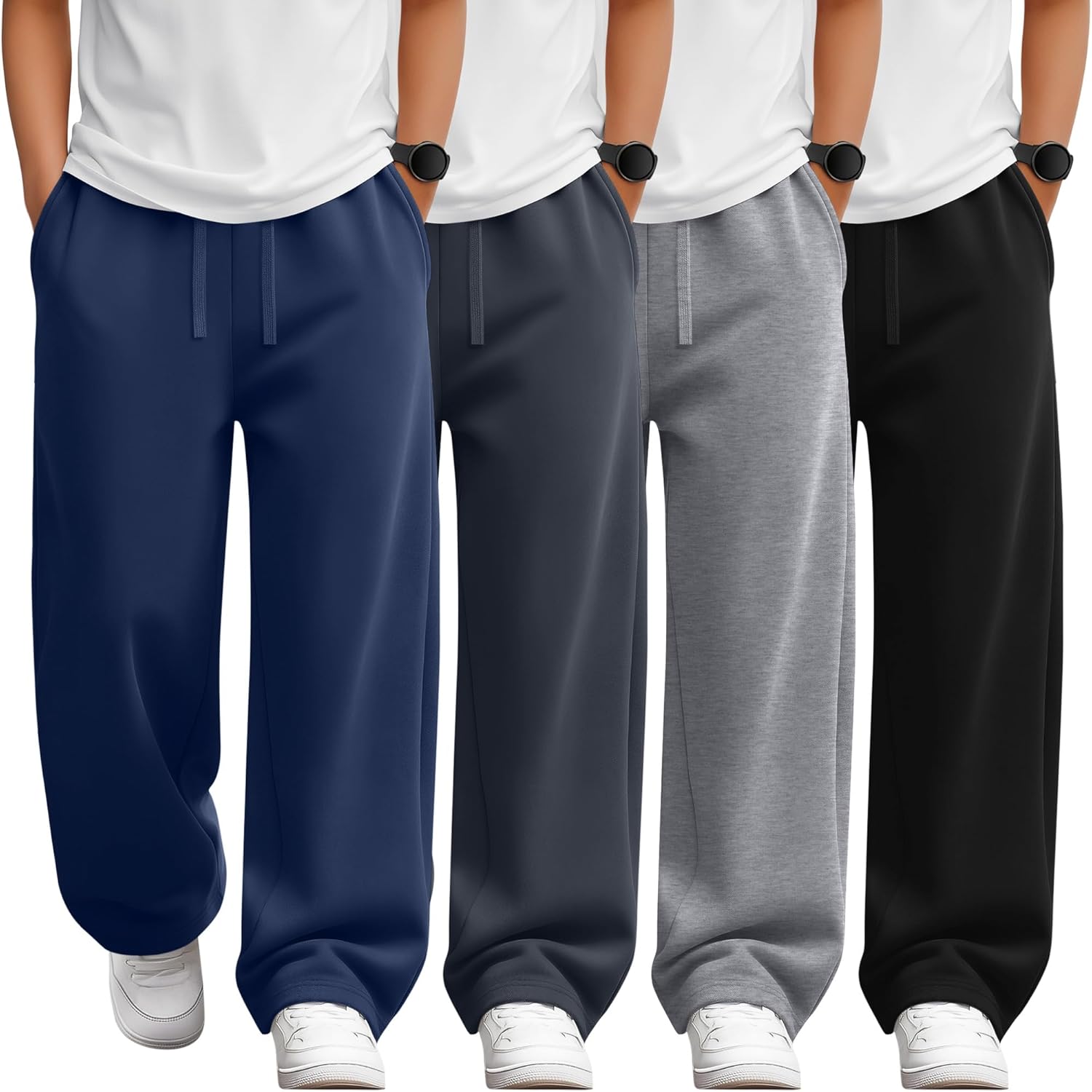 4 Pack Boys Sweatpants Lightweight Baggy Pants Teen Youth Straight Leg Open Bottom Casual Athletic Kids Joggers