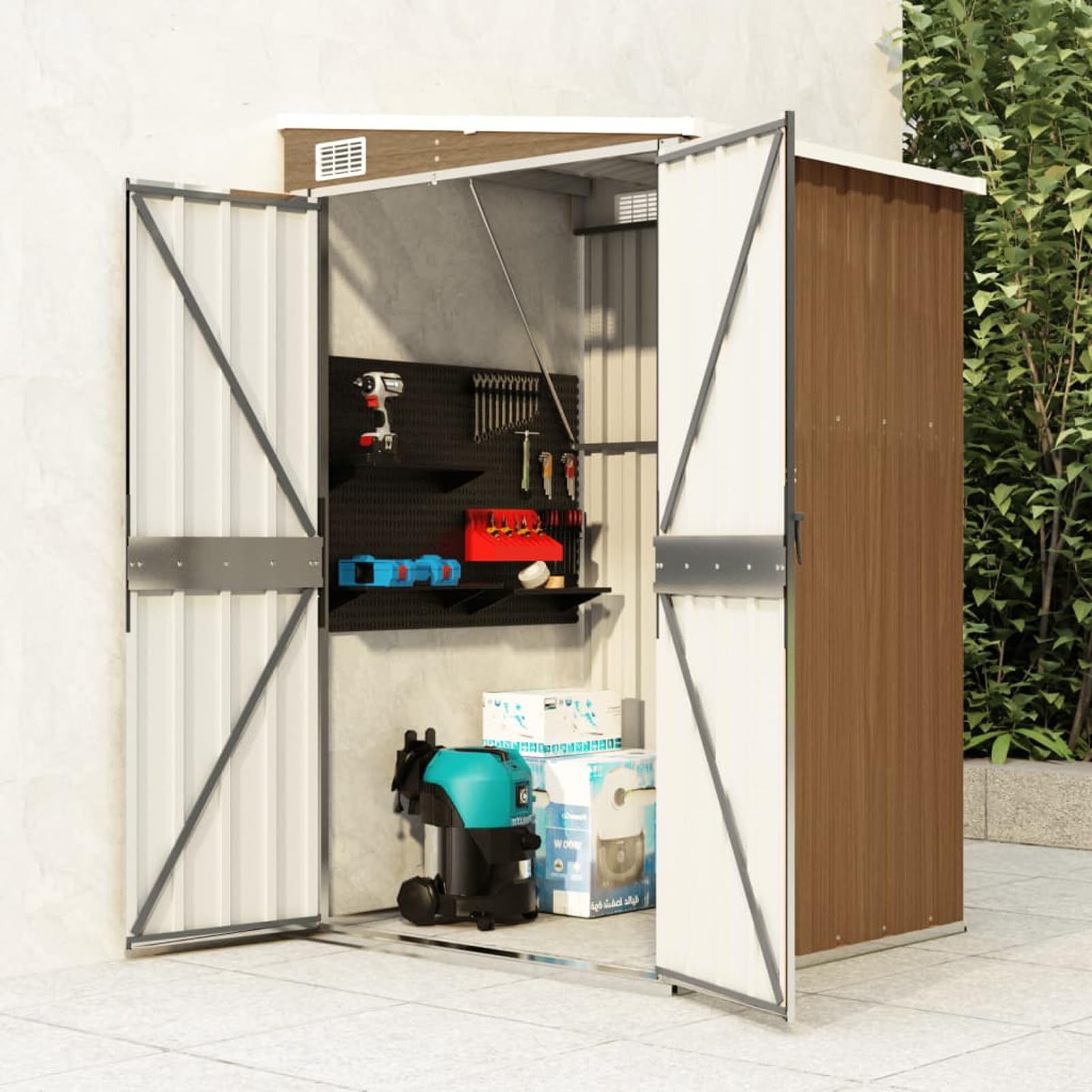 Gecheer Capanno Giardino a Parete,Capannone,Casetta,per Attrezzi,Casetta Porta Attrezzi,Porta Attrezzi da Giardino,Rimessa Attrezzi da Giardino,Capanno Attrezzi,Marrone 118x100x178 cm Acciaio Zincato