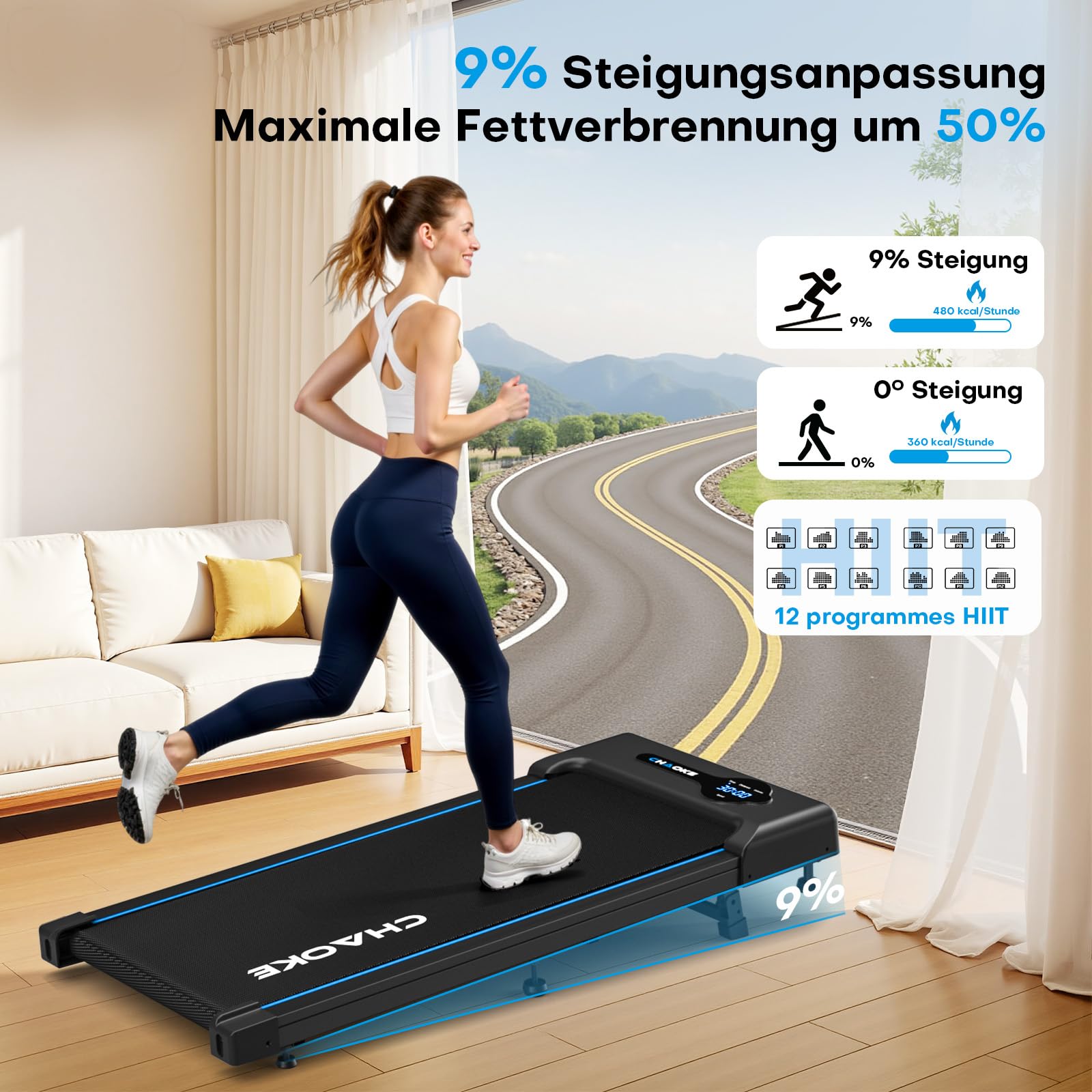 CHAOKE Tapis Roulant sous Bureau Haute Performance – Inclinaison 9%, 150 kg de capacité, 12 HIIT, télécommande