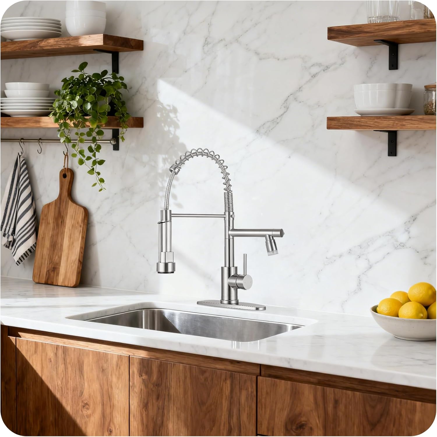 LED Kitchen Faucet with Pull Down Sprayer - Brushed Nickel Single Handle Commercial Kitchen Faucets, 2-Spout Kitchen Sink Faucet, Stainless Steel Spring Pull Out Sink Faucet 1/3 Hole