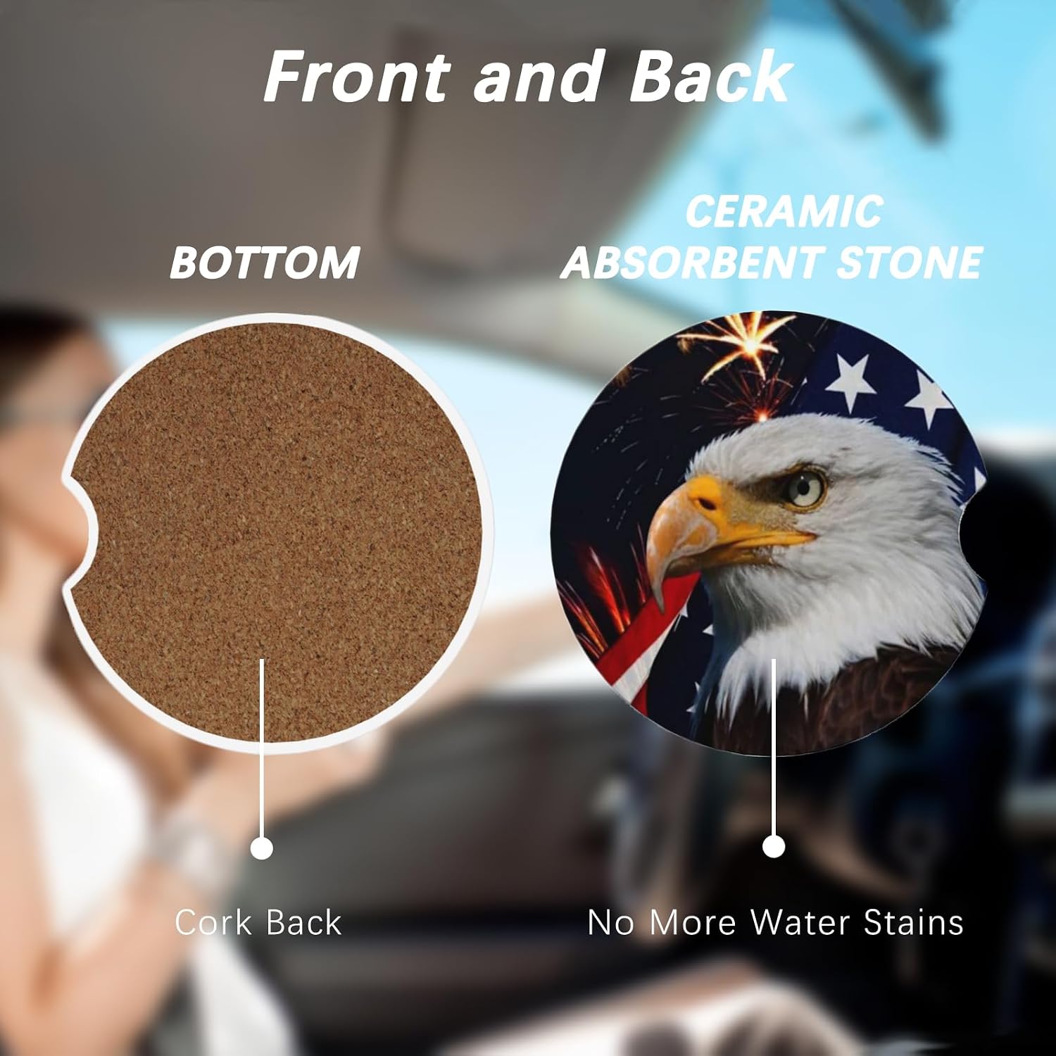 2 Pack Car Cup Holder Coasters Absorbent Ceramic Coaster for Cup Holders Fashion Car Interior Accessories for Men Drink Coaster for Women American Eagle image 4